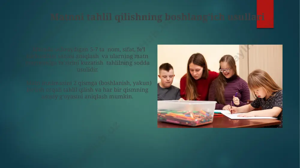 lash va tafsilotlarni ajratish matnni tahlil qilishda asosiy gʻoyani aniqlash uchun 3 ta usuldan foydalanish mumkin: sarlavhani oʻqish, matnning birinchi va oxirgi jumlalarini oʻqish va asosiy fikrlarni ajratib koʻrsatish. asosiy gʻoya va tafsilotlar oʻrtasidagi farqni tushunish uchun 5-7 ta savol tuzib, matn boʻyicha javob topish mashqlari foydali. masalan, "kim?", "nima?", "qayerda?", "qachon?" kabi. matn asosida hikoya tuzish va hikoya yozish foydalanilgan matnlarning hajmi va murakkabligi o'quvchilarning yosh xususiyatlari va bilim darajasini hisobga olgan holda, masalan, 1-sinf uchun 200 so'z, 4-sinf uchun esa 500 so'zgacha bo'lishi mumkin. hikoya yozish jarayonida, 8-10 yoshli o'quvchilarga 10-15 ta jumladan iborat matnlarni reja asosida tuzish, voqea rivojini mantiqiy ketma-ketlikda bayon qilishni o'rgatish muhim. matn bilan ishlashda savollar berish va javob topish 5-7 yoshli bolalar uchun matnga oid savollar sodda va tushunarli bo'lishi, rasmlar va konkret misollar bilan qo'llab-quvvatlanishi kerak. matn bilan ishlashda 3 ta asosiy savol turi (tushunish, tahlil qilish, baholash) o'quvchilarning matnni chuqur anglashini …