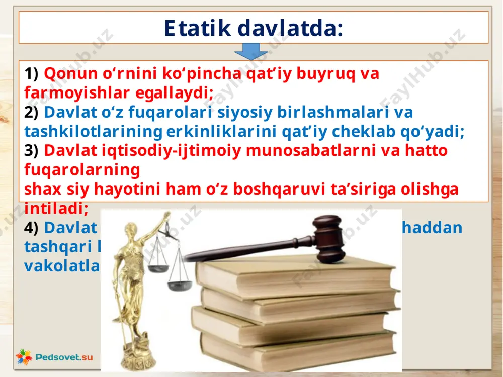 nlar qabul qilishdan iborat. shavkat mirziyoyev savollar va topshiriqlar: 1. huquqqa nisbatan munosabatiga qarab davlat qanday turlarga ajratilishi mumkin? 2. etatik davlat qanday davlat ekanligini tasvirlab bering. 3. qanday davlatga huquqiy davlat atamasini qo‘llash mumkin? 4. huquqiy davlatning asosiy belgilarini sanab bering. 5. davlatning oraliq turiga kirgan davlatlarning qanday o‘ziga xos tomonlari mavjud? 6. “fuqarolik jamiyati” atamasining “jamiyat” atamasidan qanday farqlari bor? 7. abu nasr forobiy “fozil odamlar shahri” asarida adolatli jamiyatni qanday tavsiflaydi? shu tavsifni fuqarolik jamiyati belgilari bilan taqqoslab ko‘ring. fikringizni bayon qiling. 8. o‘zbekiston respublikasida fuqarolik jamiyatining qanday unsurlari (elementlari) shakllanib bormoqda? 9. o‘zbekistonda fuqarolik jamiyati shakllanishining qanday o‘ziga xos tomonlari mavjud? image1.jpeg image2.jpg image3.jpeg image4.jpg image5.jpeg image6.jpeg image7.jpeg image8.jpeg image9.jpeg image10.jpeg image11.jpeg image12.jpeg image13.jpg image14.png image15.jpeg image16.jpeg
