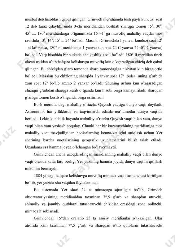 u vaqtga efemerid yoki nyuton vaqti deyiladi. i960 yildan boshlab astronomik har-yilliklarda quyosh, oy, sayyoralar va ular yo’ldoshlarining efemeridlari te - efemerid vaqt sistemasida beriladi. 1900 yilda dunyo vaqti t0 - ning te - dan farqi 0 ga teng deb olsak, 1974 yil​da farq (t=te-t0=44s ga teng bo’lgan. efemerid vaqtidan astronomiyada va fizikada foydalaniladi. rasm 9. yulduz vaqtini ( va t ga bog’liqligi rasm-10. vaqt tenglamasi grafigi. _1354602756.unknown _1354602836.unknown _1354602870.unknown _1354527021.unknown