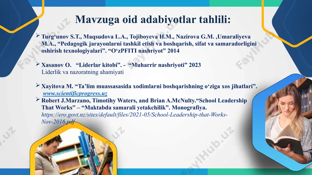 yicha direktor o‘rinbosarlari xxi asr ko‘nikmalarini shakllantirgan holda mahorat darslarini o‘tib berishi maktab direktori va o‘ibdo‘ har chorakda zamonaviy o‘quv ishlari bo‘yicha direktor o‘rinbosarlari faoliyatini nazorat qilish orqali ta’lim sifatini yuqori bosqichga chiqarish mumkin 2 o‘tgan o‘quv yili va choraklardagi faoliyatini natijadorligini tahlil qilish avvalgi yillarning nazorati natijalarini tahlil qilish va muvaffaqiyatsizliklarni aniqlab, ularni bartaraf qilish uchun chora-tadbirlar va vazifalarni belgilab olish maktab direktori, o‘ibdo‘, metod birlashma rahbarlari har chorakda ta’lim sifati va samaradorligi yanada oshirish imkonini beradi 3 metodik yordam, doimo qo‘llab-quvvatlovchi mexanizm yaratish o‘quv jarayonida samaradorlikni oshirish uchun pedagogik va metodik yordam ko‘rsatish. metod birlashma rahbarlari va lider o‘qituvchilar o‘quv yili davrida yanada ishchanlik sifatlarini oshirish orqali kasbiga, jamoasiga mehribon pedagoglarni shakllantirish mumkin thank you for attending e’tiboringiz uchun rahmat image1.png image2.png image3.png image4.png image5.png image6.png image7.png image8.png image9.png image10.png image11.png image12.png image13.png image14.png image15.png image16.png image17.png image18.png image19.png image20.png image21.png image22.png image23.png image24.png image28.png image29.png image30.jpeg image31.jpeg …