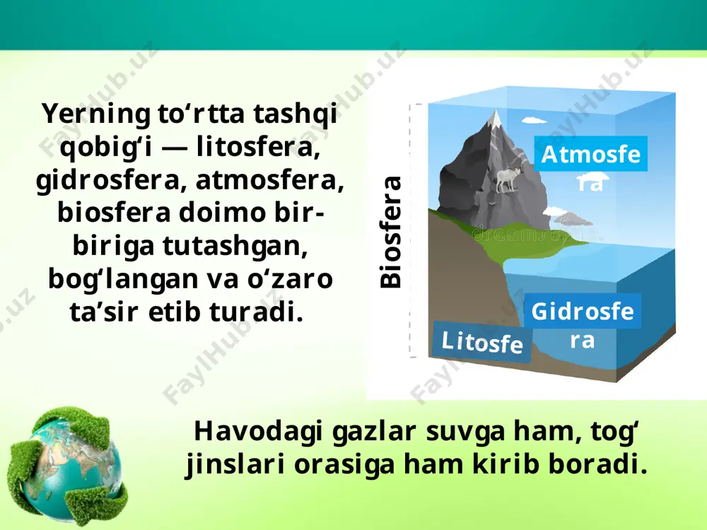 adi. mirzacho‘l ota bobolaringiz tomonidan yaqin o‘tmishda o‘zlashtirilib, go‘zal vohaga aylantirilgan. 61-rasmda esa baland tog‘ tabiat kompleksi tasvirlangan. u yerda muzlik larni, ochilib qolgan tosh qoyalarni, qorlarni va hatto ochilib yotgan ajoyib gullarniyu turli giyohlarni ko‘ramiz. 61-rasm. baland tog‘ tabiat kompleksi. yer yuzida katta-kichik tabiat komplekslari juda ko‘p. mana, eng katta tabiat kompleksi geografik qobiq ekanini ham bilib oldik. savol va topshiriqlar: 1. yerning tashqi qobiqlariga qaysi qobiqlar kiradi? 2. geografik qobiq deb qaysi qobiqqa aytiladi? 3. tabiat kompleksi nima? 4. cho‘l tabiat kompleksini gapirib bering. 5. baland tog‘ tabiat kompleksini gapirib bering. image2.jpeg image3.jpeg image4.jpeg image5.png image6.jpeg image7.jpeg image8.jpeg image9.jpg image10.jpg image11.jpeg image12.emf image13.emf image14.jpeg image1.jpeg