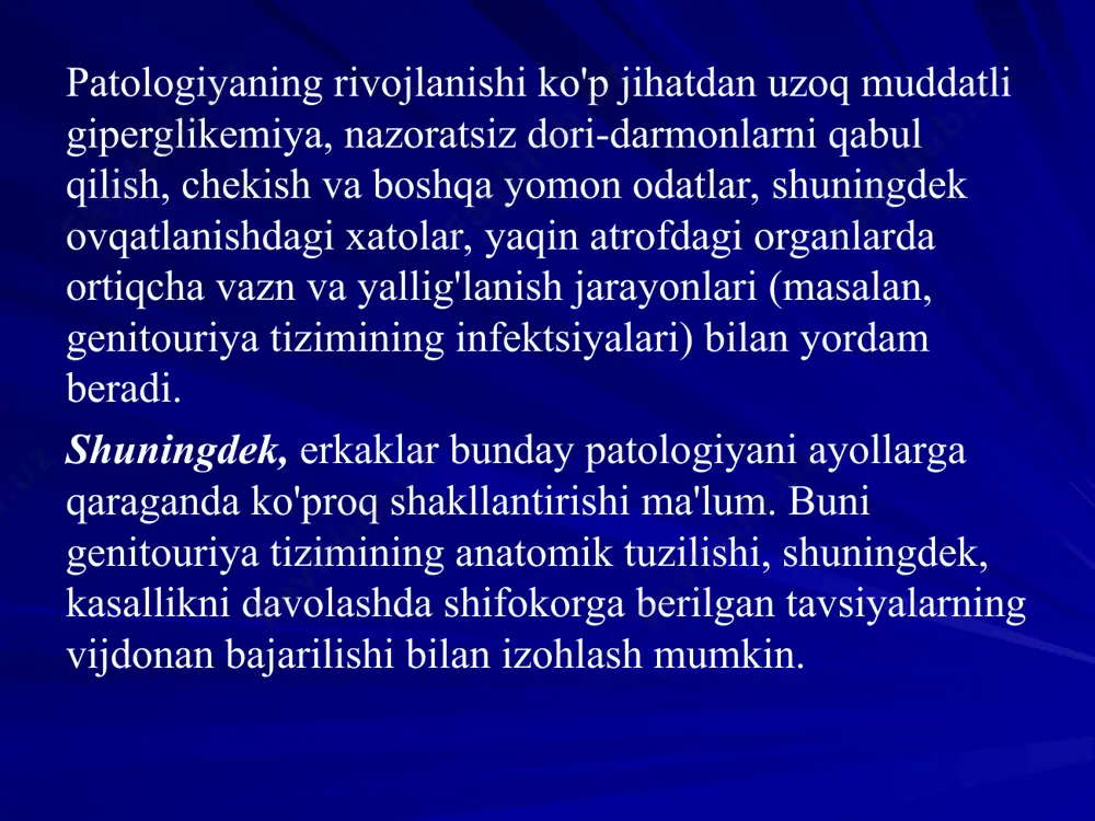 tni to'g'irlash uchun haqiqiy imkoniyat mavjud. diabetik nefropatiyaning rivojlanishini oldini olish choralari: qon bosimini barqarorlashtirish; shakar darajasini boshqarish; tuzsiz va parhez ovqat; qonda xolesterolni pasaytirish; yomon odatlardan voz kechish; mumkin bo'lgan jismoniy faoliyat; buyraklar faoliyatiga ta'sir qiluvchi dorilarni qabul qilishdan bosh tortish; nefrologga muntazam ravishda tashrif buyurish va test o'tkazish. dori-darmon quyidagilarni o'z ichiga oladi: angiotensin konvertatsiya qiluvchi ferment (ace) ingibitorlerini olish. bularga enalapril, ramipril va trandolapril kabi dorilar kiradi. angiotensin (ara) uchun maxsus retseptorlari antagonistlari. eng mashhurlari orasida: irbesartan, valsartan, losartan. yurak-qon tomir tizimini qo'llab-quvvatlash uchun qon tarkibidagi lipid spektrini normallashtiradigan vositalar qo'llaniladi. buyrakning jiddiy shikastlanishi bilan detoksifikatsiya qiluvchi dorilar, sorbentlar va azotemik vositalarni qabul qilish tavsiya etiladi. gemoglobin darajasini oshirish uchun maxsus dorilar, shuningdek, ba'zi alternativ usullar qo'llaniladi. retseptdan foydalanish sizning shifokoringiz bilan kelishilgan bo'lishi kerak. diuretiklar oshqozon yarasi bilan kurashishda, shuningdek iste'mol qilingan suyuqlik miqdorini kamaytirishda yordam beradi. kech davolash gemodializ yoki sun'iy buyrak. chirish mahsulotlarini tanadan …