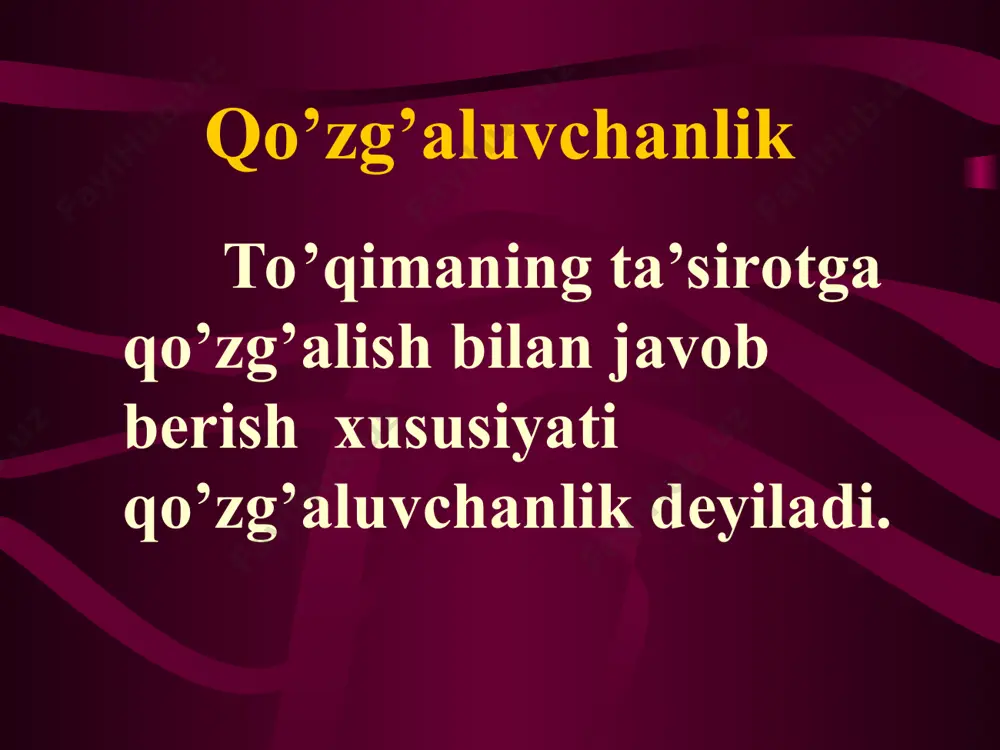 yarizatsiya д – iz depolyarizatsiya. e - iz giperpolyarizatsiya qo’zg’aluvchanlikning fazalari а – qo’zg’aluvchanlikning daslabki holati б – lokal javob в1 – mutloq refraktorlik fazasi в2 – nisbiy refraktorlik fazasi г – super normal qo’zg’aluvchanlik fazasi д – subnormal qo’zg’aluvchanlik fazasi ta’sirlash qonunlari. kuch qonuni «bor yoki yo’q» qonuni akomodatsiya qonuni vaqt qonuni kuch qonuni: ta’sirlagich kuchi qancha katta bo’lsa, javob reaksiyasi shuncha katta bo’ladi. mazkur qonun asosida skelet muskullari qisqaradi kuch qonuni. «bor yoki yo’q» qonuni: bo’sag’a osti ta’sirotlar qo’zg’alishni keltirib chiqarmaydi: (”yo’q”) bo’sag’a kuchiga ega bo’lgan ta’surotlarga qo’zg’alish darhol yuzaga keladi (“bor”) bu qonunga yurak mushagi va yakka mushak tolasi bo’ysunadi. «bor yoki yo’q» qonuni: akkomodatsiya qonuni: qo’zg’alish sodir bo’lishi uchun tok kuchi katta tezlik bilan oshib borishi kerak. tok kuchi sekin oshib borganda qo’zg’alish sodir bo’lmaydi, chunki qo’zg’aluvchan to’qima ta’sirlagichga moslashadi, bu hodisa akomodatsiya deyiladi. kuch-vaqt qonuni: tokning kuchi qancha katta bo’lsa, qo’zg’alishni keltirib chiqarish uchun qo’zg’aluvchan …