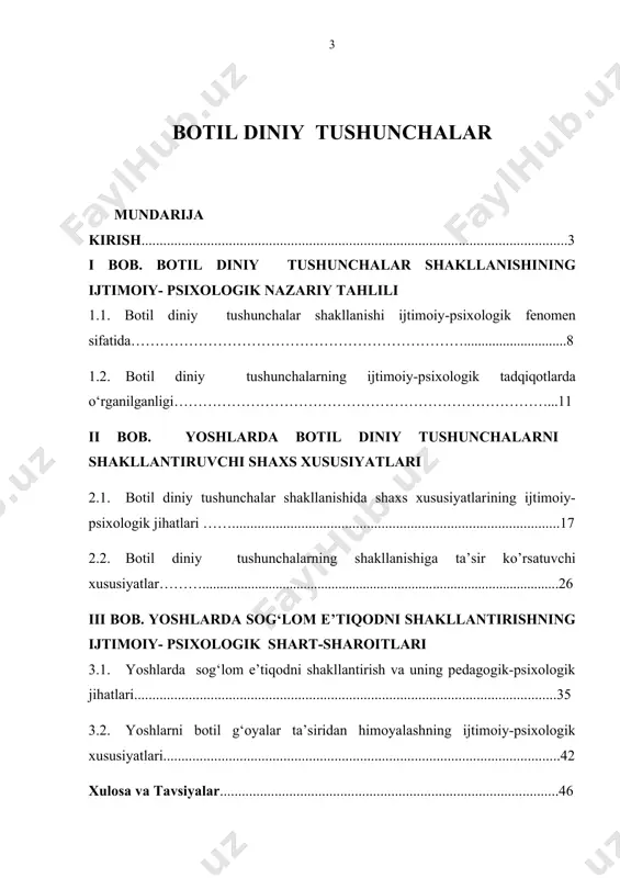 ....................................................46 foydalanilgan adabiyotlar....................................................................................48 kirish bitiruv malakaviy ishining dolzarbligi. bugungi axborot texnologiyalari rivojlangan, ilm-fan taraqqiy etayotgan bir davrda yoshlar ongiga o‘z g‘oyasini singdirishga intilayotgan kuchlar ham bor. bu jarayonda ma’naviyatimizga zid bo‘lgan, yoshlarning ongi va hayotini zaharlashga intilayotgan guruhlarga qarshi mafkuraviy immunitet hosil qilishimiz darkor. bugungi kunda shiddat bilan о‘zgarib borayotgan, tahlikali davrda yashayotganligimizni, bir tomondan g‘oyaviy tahdidlar – axborot xuruji, missionerlik harakatlari, ayniqsa, ekstremizm va fanatizm yoshlar ongiga о‘z ta’sirini о‘tkazayotganligi bо‘lsa, ikkinchi tomondan terrorizm va din niqobidagi siyosiy ekstremizm, allaqachon milliy, etnik, diniy va hududiy xususiyatini yо‘qotib, xalqaro muammoga aylanganligini kо‘rishimiz mumkin. notо‘g‘ri diniy tushunchalarga asoslangan ekstremizm va fanatizm muammosi uchinchi ming yillik boshiga kelib eng ustuvor va og‘riqli muammoga aylandi. diniy fanatizmning eng katta xavfi shundan iboratki, undan diniy ijtimoiylashuvning ilk bosqichlarida turgan yoshlarning ongi va xulq-atvorini boshqarish omili sifatida foydalanish mumkin. jahon miqyosida terrorizm va ekstremizmga qarshi kurashish bо‘yicha kо‘plab mamlakatlar va bir qancha xalqaro tashkilotlar tomonidan …