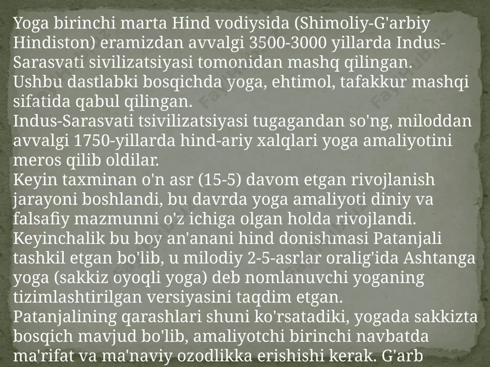 rishish uchun ularning har birini o'zlashtirishi kerak. bu bosqichlar quyidagilardir: yama (cheklov): boshqa odamlarga shikast etkazish uchun impulsni qanday boshqarishni o'rganishni o'z ichiga olgan axloqiy tayyorgarlik. bu bosqich uchun hal qiluvchi ahamiyatga ega yolg'on, ochko'zlik, shahvat va o'g'irlikdan tiyilishdir. niyama (intizom): shuningdek, shaxsning axloqiy tayyorgarligiga e'tibor qaratiladi, bu bosqichda yogi o'zini o'rgatishi kerak. tanasini muntazam ravishda tozalash (tozalik) bilan shug'ullanish; uning moddiy ahvolidan qanoatlanish; astsetik usulga ega bo'lmoqhayot; ruhiy ozodlik bilan bog'liq metafizikani doimiy ravishda o'rganish; va xudoga bo'lgan sadoqatini chuqurlashtirish. asana (o'rindiq): bu bosqich shogirdning jismoniy holatini yaxshilashga qaratilgan bir qator mashqlar va tana holatini o'z ichiga oladi. asana yoga bilan shug'ullanuvchiga ko'proq moslashuvchanlik va kuch berishni maqsad qiladi. ushbu bosqichda yogi o'rganilgan pozitsiyalarni uzoq vaqt ushlab turish qobiliyatini ham o'zlashtirishi kerak. pranayama (nafas nazorati): shuningdek, bu bosqich shaxsning jismoniy tayyorgarligi bilan bog'liq. yogi to'liq dam olish holatiga keltirishga qaratilgan bir qator nafas olish mashqlari bilan. pranayama, shuningdek, nafasni …