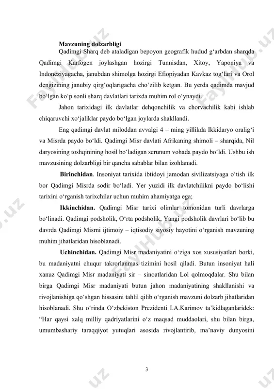 ni tahlil etish; - o‘rta podsholik davrida misrning ijtimoiy – iqtisodiy rivojlanishini yoritib berish; - yangi podsholik va liviya – sais davrida misr tarixini yangi manbalar asosida o‘rganish; - qadimgi misr madaniyatining ravnaqini yangi manbalar asosida tahlil qilish; ishning ilmiy yangiligi amaliy ahamiyati. ushbu bitiruv – malakaviy ishning ilmiy yangiligi avvalo shundan iboratki, mazkur mavzu ilk bor bitiruv malakaviy ishi sifatida ilmiy adabiyotlar bilan qiyosiy tahlil qilish asosida izchil tadqiq etildi. biz ilmiy taomilga ilk bor olib kirilayotgan faktik materiallar va turli tarixiy manbalar va adabiyotlarga tayangan holda o‘z fikr mulohazalarimizni bildirishga harakat qildik. · insoniyat tarixida ibtidoiy jamoadan sivilizatsiyaga o‘tish birinchi bo‘lib qadimgi misrda sodir bo‘lganligi ilmiy asosda tahlil qilindi. · qadimgi misr tarixi olimlar tomonidan uch davrga bo‘linadi: qadimgi podsholik, o‘rta podsholik, yangi podsholik davrlari bo‘lib bu davrlar tarixi yangi adabiyotlardagi talqini tizimlashtirib tahlil qilindi. qadimgi misr madaniyatini o‘ziga xos xususiyatlari bu madaniyatning chuqur takrorlanmas tizimini ilmiy adabiyotlar …