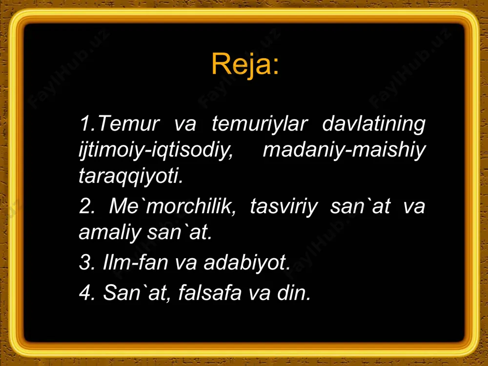 alq tumush tarzi, dini, ma`naviy va moddiy madaniyati jihatdan farqlanuvchi mamlakatlarning o`zaro aloqasini rivojlantirishga imkon yaratdi. karvon yo`llari savdo, diplomatik aloqalarning amaliy vazifasini, ayni vaqtda mamlakat va xalqlarning o`zaro iqtisodiy va madaniy ta`sirini mustahkamlashga xizmat qildi. qudratimizni ko`rmoq istasang- binolarimizga boq o`rta osiyo zaminida temuriylar davri ilm-fan, adabiyot, san`at sohlarida kamolot bosqichiga ko`tarildi. тemuriylar davlatining qudrati ayniqsa me`morchilikda namoyon bo`ldi. oqsaroy peshtoqida bitilgan «qudratimizni ko`rmoq istasang- binolarimizga boq!» degan yozuv тemur davlatining siyosiy vazifasini ham anglatar edi. тemur davrida movarounnahr shaharlari qurilishida istehkomlar, shoh ko`chalar, me`moriy majmualar keng ko`lam kasb etadi. ilk o`rta asrlardagi shaharning asosiy qismi bo`lgan «shahriston»dan ko`lam va mazmuni bilan farq qiluvchi «hisor» qurilishini samarqand va shahrisabzda kuzatish mumkin. тemur davrida kesh shahar qurilishi yakunlandi. «hisor»ning janubi-g`arbida hukumat saroyi oqsaroy va atrofida rabotlar, bog`-rog`lar qurildi тemur saltanat poytaxti samarqandni bezatishga alohida e`tibor berdi. shaharda «hisori», qal`a, ulug`vor inshoatlar va tillakor saroylar bunyod ettirdi. samarqandga kiraverishdagi ko`hak tepaligida …