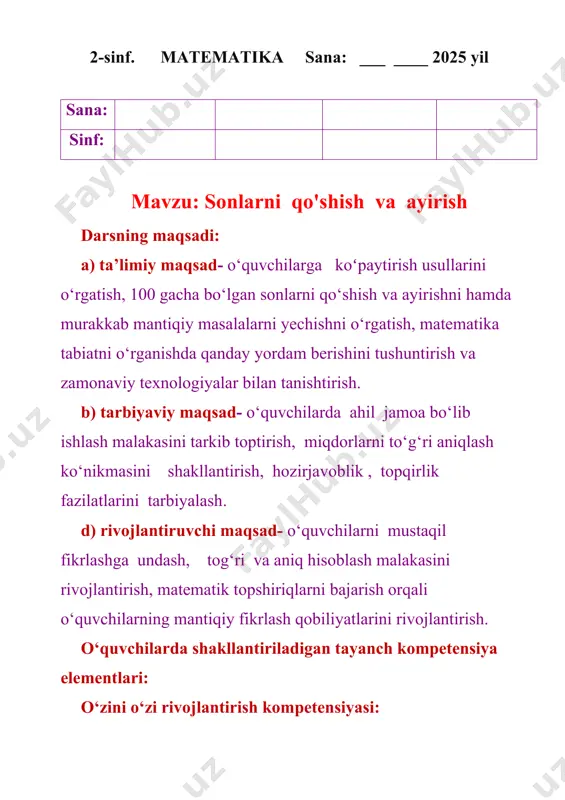 ish · agar 6 + 3 = 9 bo‘lsa, unda 9 – 6 = 3 va 9 – 3 = 6 bo‘ladi. · demak, qo‘shish va ayirish bir-biri bilan bog‘liq amallar. 4. amaliy qoida · qo‘shish – sonlarni kattalashtiradi. · ayirish – sonlarni kichraytiradi. 📌 xulosa: · qo‘shish – yig‘indi topish amali, belgisi +. · ayirish – ayirma topish amali, belgisi –. · qo‘shish va ayirish kundalik hayotdagi hisob-kitoblarda eng ko‘p ishlatiladigan amallardir. 2. quyidagi ifodalar uchun grafik modellar yarating: 24 va 14, 37 va 12, 71 va 28 sonlari yig'indisi; 76 va 15, 65 va 24, 99 va 25 sonlari ayirmasi. 3. karvon boshida jigarrang tuya ketyapti. uning misoli javobi - keyingi misolning boshi. tuyalarni shu tartibda qo'yib chiqing. qanday so‘z chiqdi? 4. xo'jalikda 25 kilogramm jigarrang tuya juni, 11 kilogramm oq rangli tuya juni va 21 kilogramm och jigarrang tuya juni yig'ib olindi. jigarrang jun oq rangli jundan …