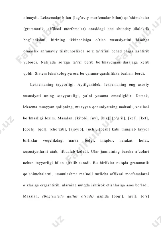 k tili lug’atlarida to’liq qayd etilishi mumkin emas. til birligi bo’lgan qolipga qo’yiladigan asosiy talablardan biri shudir. chunki til birliklarining nutqiy ko’rinishlari, nutqiy namoyon bo’lishlari cheksizdir. [1: + biz bu o’rinda bir nazariy masalani eslatib o’tamiz. o’zbek tilidagi ii shaxs oti yasovchi morfema nutqimizda (-chi), (-do’z), (-gar), (-paz), (-boz) kabi ko’rinishlarga ega. bular orttirma nisbat morfemasining (-dir), (-t), (-kor), (-kaz) kabi turli shakllari singari) bir morfemaning nutqiy vaziyatdagi turli ko’rinishlaridir. ularning (nutqiy ko’rinishlarning) ishlatilishi me’yor bilan belgilanadi. shuning uchun qolipning to’gri shakli [ [aniq ot] + [chi] ... ] emas, [aniq ot] + [shaxs oti yasovchi morfema] =] bo’lishi kerak edi. lekin tilshunoslikda til birligini ifodalash uchun shu morfemaning istagan bir nutqiy shaklini to’g’ri qavs ichida ko’rsatish qabul qilinganligi sababli biz shaxs oti qushimchasi [-chi] yoki [-do’z], yoki [-paz] sifatida be-rishimizning ahamiyati yo’q. lekin -(chi) nutqiy ko’rinishining qullanilishi (-paz), (-boz), (-bon) larga nisbatan keng. shunga ko’ra biz shaxs oti yasovchisini …