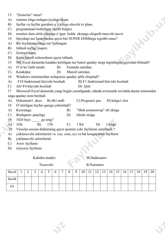 n holda ekranga chiqarib turuvchi tasvir 14 quyidagi ma’lumotlardan qaysi biri super ehmlarga tegishli emas? a) bir foydalanuvchiga mo’ljallangan. b) ishlash tezligi yuqori; c) xotirasi katta; d) katta hajmli axborotlarni qayta ishlash; 15 ms excel dasturida katakka kiritilgan ma’lumot qanday turga tegishligini qayerdan bilinadi? a) o’zi ko’rinib turadi. b) formula satridan; c) katakdan; d) manzil satridan; 16 windows sistemasidan sichqonsiz qanday qilib chiqiladi? a) f10 funktsional klavishi bosiladi b) f1 funktsional klavishi bosiladi c) alt+f4 klavishi bosiladi d) quit 17 microsoft excel dasturida yangi hujjat yaratilganda, odatda avtomatik ravishda dastur tomonidan unga qanday nom beriladi a) dokument1. docx b) db1.mdb c) program1.pas d) kniga1.xlsx 18 o’chirilgan fayllar qaerga yubоriladi? a) kоrzinaga b) “мой компьютер” оb`ektiga c) bоshqaruv paneliga d) ishchi stоlga 19 1024 bayt _____ ga teng? a) 1gb b) 1tb c) 1 kb d) 1 bitga 20 viruslar asоsan disklarning qaysi qismini yoki fayllarini zararlaydi ? a) yuklanuvchi sektоrlarini …