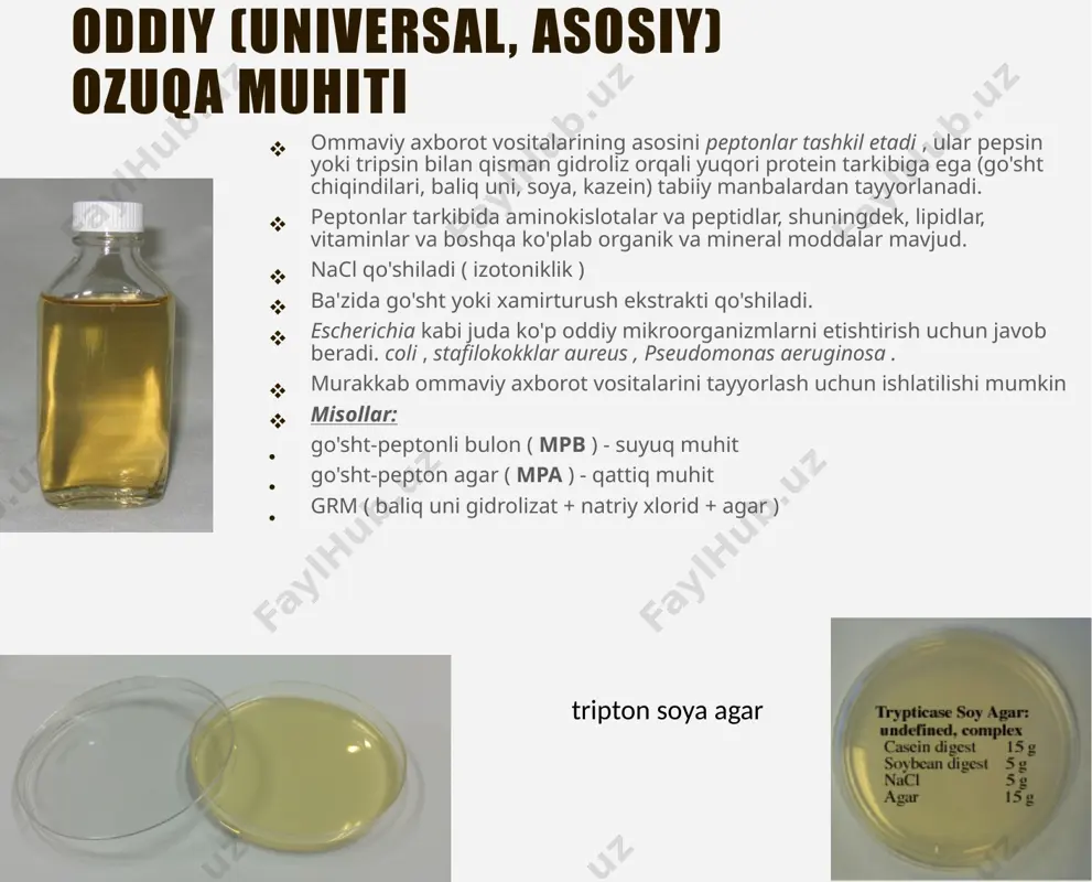 binatsiyalarning eng katta diapazoni turli xil ranglarda bo'yalgan xromogen substratlardan foydalanish orqali ta'minlanadi. 14 1% laktoza, 0,1% glyukoza, natriy tiosulfat va temir sulfat, indikator fenol og'zini o'z ichiga oladi. sirtga ekish va agar ustuniga in'ektsiya qilish . faqat glyukozani fermentatsiyalashda - sariq ustun, qiyshiq qismi rangi o'zgarmaydi. glyukoza va laktoza fermentatsiyasi paytida ( e.coli ) - butun agar vodorod sulfidi hosil bo'lganda (salmonella, proteus) - agar qora rangga aylanadi kligler vositasi: birlashtirilgan xususiyatlarga ega ommaviy axborot vositalari qonli agar va uning hosilalari ham boyitilgan, ham differensial diagnostik oziq moddalardir . bu muhitlar 5-10% qonni o'z ichiga oladi, bu esa turli tez mikroorganizmlarning rivojlanishini rag'batlantiradi. differentsial diagnostika xususiyatlari noaniq qizil qonli agar fonida aniq ko'rinadigan ma'lum mikroorganizmlar koloniyalari atrofida gemoliz zonalarining shakllanishi sifatida namoyon bo'ladi: alfa gemoliz gemoglobinning methemoglobinga ( streptococcus pneumoniae) aylanishi natijasida paydo bo'lgan yashil-jigarrang maydon sifatida namoyon bo'ladi . beta gemoliz (to'liq gemoliz) - qizil qon hujayralarining to'liq …