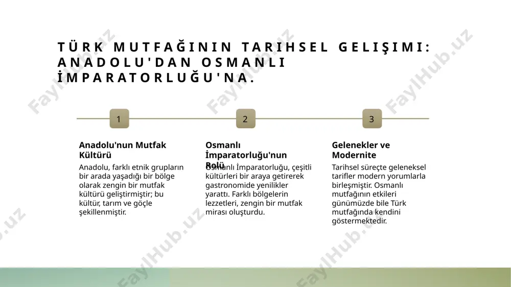 tlılar öne çıkar. osmanlı döneminden gelen birçok yemek tarifi, günümüzde hâlâ popülerdir. pilav, dolma ve börekler gibi yemekler, kültürel mirasın önemli parçalarıdır. modern türk mutfağında, osmanlı etkisi, gastronomik yeniliklerle birleşerek yeni tatlar yaratır. fusion yemekler, geleneksel tatları modernize eder. sonuç türk mutfağının zenginliği türk mutfağı, tarihi boyunca farklı kültürel unsurları bir araya getirerek zenginleşmiştir. her bölge, kendine has lezzetler sunarak çeşitliliği artırmıştır. geleneksel ve modern geleneksel tarifler, modern yorumlarla birleşerek türk mutfağının evrimine katkı sağlamaktadır. bu durum, gastronomik çeşitliliği ve yenilikçiliği göstermektedir. kültürel mirasın önemi osmanlı mirası, günümüz türk mutfağında hala etkisini sürdürmektedir. bu miras, gastronomi alanında kültürel bağlantıları ve geçmişle günümüzü birleştirmektedir. kaynaklar 1. küçük, h. türk mutfağının tarihsel gelişimi. kültürel araştırmalar dergisi, 2022 2. yıldız, m. bölgesel türk yemekleri ve kültürel çeşitlilik. türk gastronomi araştırmaları, 2021 3. özdemir, a. osmanlı mutfağının etkileri ve günümüze yansımaları. osmanlı çalışmaları dergisi, 2020 4. aydın, d. türk mutfağı ve kültürel miras. yemek …