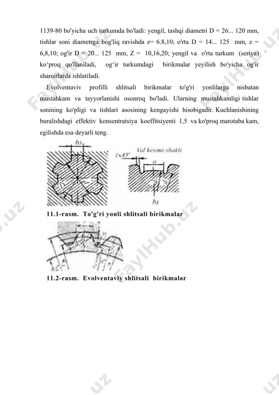 i shlitsali birikmalarning o'lchamlari standartlashtirilmagan. ko'pincha hisoblashlarda гост 100092-73da keltirilgan tavsiyalardan foydalaniladi. shlitsali birikmalar o‘qiga nisbatan yon sirtlarini joylashishiga qarab to'g'ri, qiya (vintsimon), konussimon va yonbosh turlarga bo`linadi. odatda, aksariyat shlitsali birikmalar to‘g ‘ri tishli bo`ladi, qiya tishlilari uzatmadagi tirqishni sozlash yoki tig‘izlik hosil qilish va qiya tishli g"ildiraklarni surish uchun ishlatiladi. g'ildirak va birikmaning o'q bo'yicha qadami teng bo'lsa, o'q bo'yicha suruvchi kuchlar hosil bo'lmaydi. konussimon shlitsalar tirqishsiz birikma hosil qilishda ishlatiladi. yonbosh tishlar yig'ma vallarni biriktirish uchun ishlatiladi. shlitsali birikmalarning yuklanish qobiliyatini hisoblash usullari. shlitsali birikmalarning ishlash qobiliyati va ularni hisoblashning asosiy mezonlari quyidagilar bo'ladi: 1. ishchi sirtlarning ezilishga qarshiligi; 2. fretting-korroziya (fret - inglizchadan - yeb tashlash) ta'siridan yeyilishga qarshilik. fretting-korroziyadagi yeyilish – bu tutashuvchi sirtlarning kichik nisbiy tebranma siljishlaridagi korrozion mexanik yeyilishdir. shlitsali birikmalarda bunday siljishlar deformatsiyalar va tirqishlarga bog'liq. agar birikma valning aylanishida o'z holatini o'zgartirmaydigan f— ko'ndalang kuch (12.1-rasm) bilan yuklansa (masalan, tishli uzatmaning …