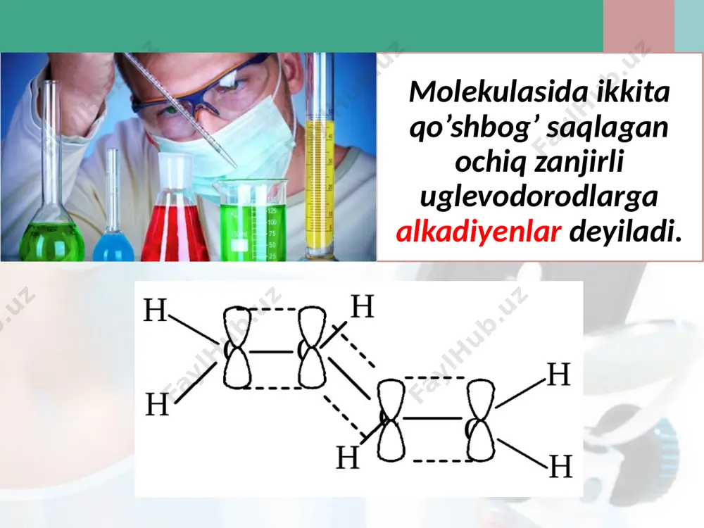 yoki 1,2 birikish reaksiyalari amalga oshadi. alkadienlarning yonish reaksiyasini quyidagi umumiy tenglama bilan ifodalash mumkin: cnh2n-2 + (1,5n-0,5)o2 nco2 + (n-1)h2o c3h4 + 4o2 3co2 + 2h2o c5h8 + 7o2 5co2 + 4h2o image2.jpg image3.jpeg image4.jpeg image5.png image6.jpeg image7.jpeg image8.png image9.png image10.jpeg image11.emf image12.emf image13.emf image14.jpeg image15.png image16.gif image17.gif image18.png image19.png image20.jpeg image21.png image1.jpg