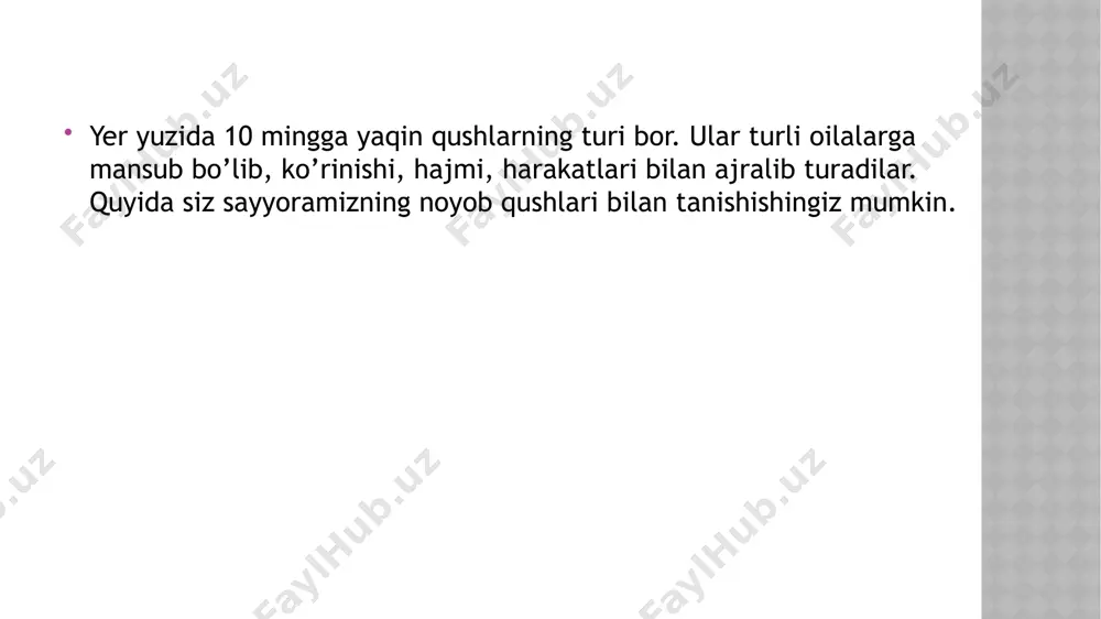 gacha boradi. sersoqol qushi kichik hamda markaziy osiyoda, sharqiy va janubiyosiyoda hamda janubiy yevropada uchraydi. o’rta osiyoda bu qush boltayutar deb ataladi. nahangboshli qush bu qush laylaksimonlar oilasiga mansub bo’lib, ko’zlarining joylashishi bilan ajralib turadilar. ko’zlar qush chanog’ining ikki yonida emas, balki chanoqning oldingi qismida joylashgandir. shu sababli u hamma narsani katta hajmda ko’radi. janubiy amerika garpiyasi bu qirg’iylar oilasiga mansub yirtqich qushdir. nomidan ham ma’lum bo’lgandek, bu qushlar markaziy hamda janubiy amerikadaistiqomat qiladi. ularning panjalari juda katta bo’lib, katta og’irlikni ham bemalol ushlay oladilar. panjalarda uzun qora tirnoqlari bor qora oyoqli mitti lochin bu dunyodagi eng mitti yirtqich qush bo’lib, uzunligi15 sm, og’irligi esa 35 gr ga teng. qora oyoqli mitti lochin osiyoning janubi-sharqida ushraydi va eng jajji yirtqich qush sifatida ginnesning rekordlar kitobiga kiritilgan. krachka-inka bu kulgili mo’ylovli dengiz qushlari peru va chiliqirg’oqlari yaqinidagi qoyalarda yashaydilar. ular baliqlarni yeydilar va mushukka o’xshab ovoz chiqaradilar. krachlarning salobatli bu oq …