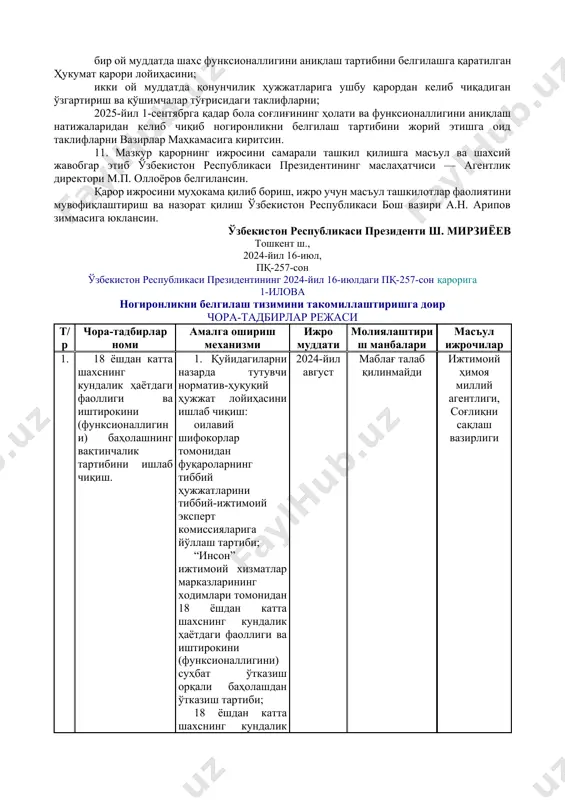 jalik boshqaruvi organlari / 02.03.04.00 agentliklar, inspeksiyalar va boshqa idoralar; 2.06.00.00.00 ijtimoiy ta’minot va ijtimoiy sug‘urta to‘g‘risidagi qonunchilik. ijtimoiy himoya / 06.05.00.00 nogironlikni, vaqtinchalik mehnatga qobiliyatsizlikni belgilash (shuningdek, 14.01.10.00ga qarang); 3.06.00.00.00 ijtimoiy ta’minot va ijtimoiy sug‘urta to‘g‘risidagi qonunchilik. ijtimoiy himoya / 06.08.00.00 ijtimoiy xizmat ko‘rsatish / 06.08.04.00 reabilitatsiya (ijtimoiy, tibbiy, mehnat va h.k.)] 3. соғлиқни сақлаш вазирлиги марказий аппаратида ўзбекистон республикаси президенти ҳузуридаги ижтимоий ҳимоя миллий агентлиги (кейинги ўринларда — агентлик) тизимидаги ташкилотларнинг штат бирликлари ҳисобидан: а) ногиронлиги бўлган шахсларга тиббий хизматлар кўрсатилиши жараёнини мувофиқлаштириш бўйича вазир маслаҳатчиси лавозими жорий этилсин. бунда вазир маслаҳатчисини лавозимга тайинлаш ва лавозимидан озод қилиш агентлик директори билан келишилган ҳолда амалга оширилади; б) асосий вазифалари қуйидагилардан иборат бўлган 3 та штат бирлигидан иборат шўба ташкил этилсин: ногиронликнинг олдини олиш тадбирлари амалга оширилишини мувофиқлаштириш; ногиронликни белгилаш мақсадида шахсларни тиббий-ижтимоий экспертизадан ўтказиш учун юбориш жараёнини мувофиқлаштириш; вмк ва оилавий шифокорлар малакаси оширилишини ташкил этиш ҳамда уларнинг фаолиятини …