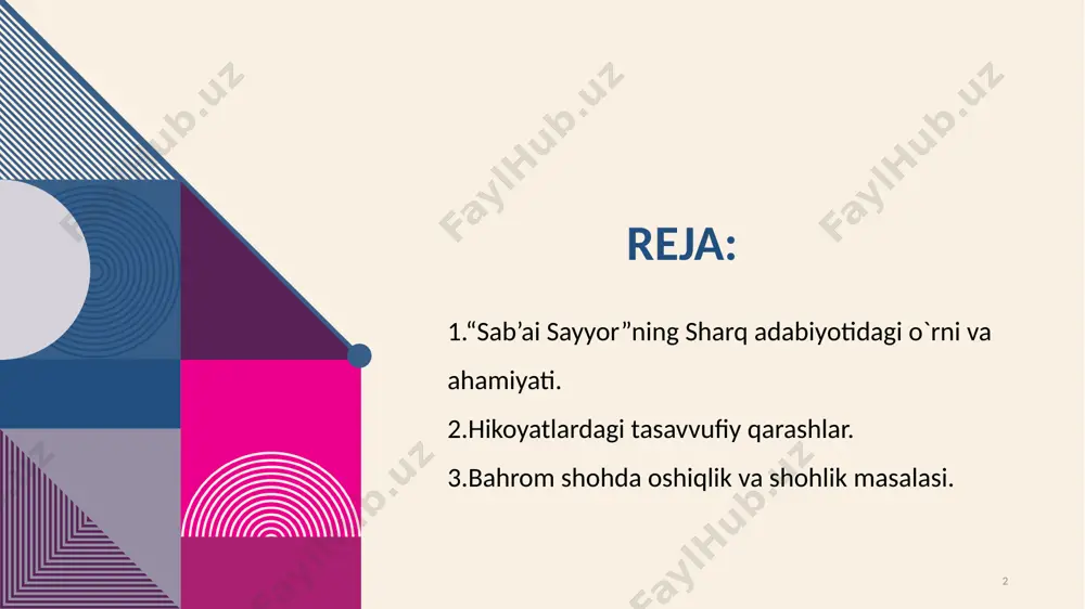 an ayrilgandi. yettinchi hikoyani esa oq qasrda oq libosda tinglaydi, qalbiga yorug`lik olib kiradi. 8 9 bahromning tasavvuf ta`limotiga ko`ra shunday izohlash mumkin. butun jonzotlar, tabiat, hayvonot va nabotot olami allohning zuhridir.barchasini alloh yaratgan ekan unga zarar yetkazish qarshi borish bilan tengdir. bahromning tabiatga yetkazgan jabr –zulmi uning halokatiga olib keldi 9 10 bahrom hikoyatlardan xulosa chiqarmaydi: oshiqlik va shohlikni bir qiyofada olib bormoqchi bo`ladi, aslida esa chin oshiqlar toj-u taxt va boylikbilna muvofiq kelmaydi: ishq ila shohlig` muvofiq emas ishq lofida shoh sodiq emas. e`tiboringiz uchun rahmat 11 image1.png image2.svg image3.png image4.svg image5.png image6.png image7.svg image8.png image9.svg image12.png image13.svg image14.png image15.svg image16.png image17.svg image10.png image11.svg image27.png image18.png image19.png image20.svg image21.png image22.svg image25.png image26.svg image28.png image29.png image23.png image24.svg .msftofcthm_accent4_fill_v2 { fill:#ec008c; } .msftofcthm_accent6_fill_v2 { fill:#958ea2; } .msftofcthm_accent2_fill_v2 { fill:#385e88; } .msftofcthm_accent5_fill_v2 { fill:#582156; } .msftofcthm_accent6_fill_v2 { fill:#958ea2; } .msftofcthm_text2_fill_v2 { fill:#f8f0e3; } .msftofcthm_accent5_fill_v2 { fill:#582156; } .msftofcthm_accent3_fill_v2 { fill:#aa2070; } …