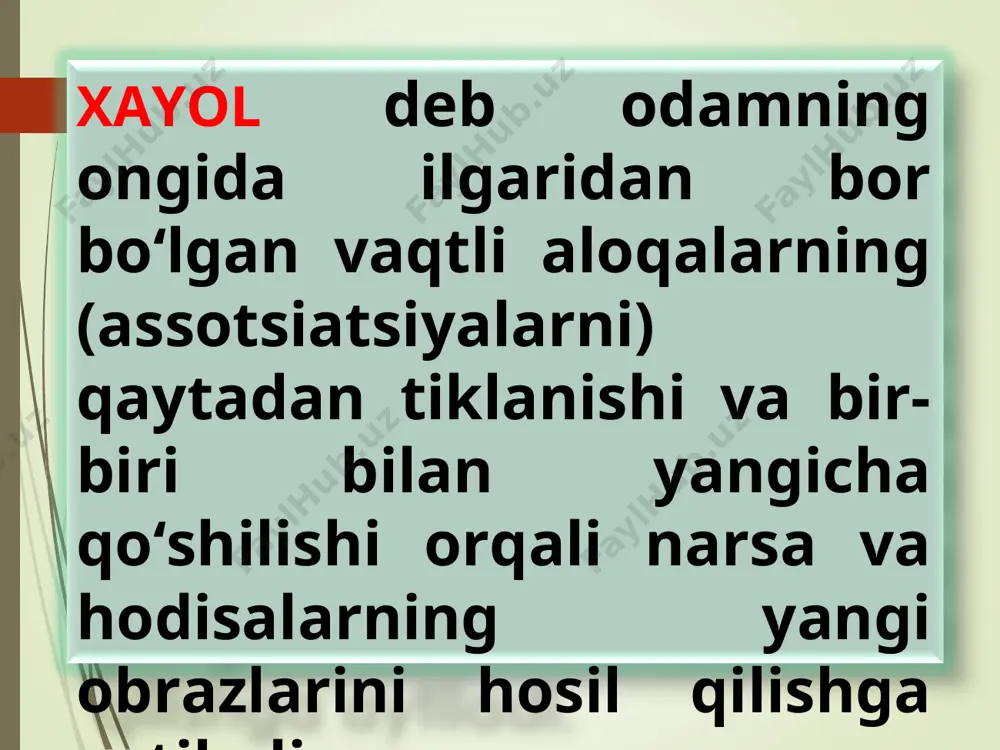 rni tinglashni, voqealarni eshitishni yoqtirishlarining asosiy sabablari: kattalarning fikrlarini eshitish natijasida bolalarda ular hali ko‘rmagan narsalar to‘g‘risida obrazlar paydo bo‘ladi. kichik yoshdagi bolalar xayolining o‘sishi uchun tarbiyachining olib boradigan mashg‘ulotlari, turli o‘yinlarini tasavvur etishlari katta ahamiyatga ega. xayol faoliyati kuchli bo‘lsa uning mazmuni kengroq idrok qilinadi. xayolning asosiy xususiyatlari quyidagilardan iborat: xayol jarayonining xususiyatlaridan biri shundan iboratki, xayol odamning ehtiyojlari, qiziqishlari va o‘z oldiga qo‘ygan vazifalari bilan bog‘liq holda yuzaga keladi. xayol jarayonining o‘ziga xos xususiyatlaridan yana biri shundaki, xayol xamisha boy tajriba hamda bilimlarga asoslanadi. xayol jarayonining o‘ziga xos xususiyatlaridan navbatdagisi xotira tasavvurlarini analiz va sintez qismidan iboratdir. xayolning o‘ziga xos xususiyatlaridan yana biri shundaki, agar idrok obrazlari ayni hozirgi paytdagi narsalar bilan bog‘liq bo‘lsa, xotira obrazlari o‘tgan zamondagi narsalarning obrazlarini tiklash bilan bog‘liq bo‘lsa, xayoliy yo‘l bilan yaratilgan obrazlar esa hozirgi va o‘tgan zamongagina emas, balki kelajak zamonga, odam kelajakda nima ishlar qilishini xayolan tasavvur qilib ko‘rish bilan …