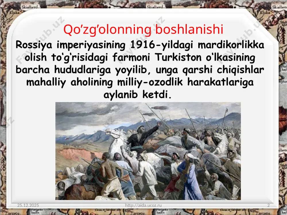 bar topgan podsho hukumati polkovnik ivanov boshchiligida harbiy kuchlarni u yerga yubordi. 18-iyul kuni turkistonda harbiy holat e’lon qilindi. 26.08.2020 http://aida.ucoz.ru 9 qo’zg’olonning bostirilishi 26.08.2020 http://aida.ucoz.ru 10 bu vaqtda mustamlakachi hukumat tomonidan qo‘z g‘olonni bostirish va uning ishtirokchilarini jazolash chora-tadbirlari ishlab chiqildi. jizzaxga polkovnik ivanov boshchiligida 13 ta rota soldat, 2 ta artilleriya qismi, kazak otryadlari, jami ikki yarim ming kishilik harbiy kuchlar yuborildi. 26.08.2020 http://aida.ucoz.ru 11 ular jizzax shahrini to‘p va pulemyotlardan o‘qqa tutdilar. mustamlakachilar qo‘shini dastlab jizzaxni, keyin zominni egallab, so‘ng sangzorga yurish qiladi. jizzaxga 26–27-iyulda yana qo‘shimcha jazo otryadlari yetib kelib, jazoni yanada kuchaytirdi 26.08.2020 http://aida.ucoz.ru 12 qo’zg’olonchilardan 3 ming kishi kishi hibsga olindi. ularning boshliqlari o‘lim jazosiga, qolganlari qamoq va surgunga hukm qilindi. 26.08.2020 http://aida.ucoz.ru 13 mahalliy aholining qo‘zg‘olonda ishtirok etganligi, qo‘zg‘olonchilarga xayrixoh bo‘lganligi va ularni tutishda podsho hukumatiga yordam bermaganligi uchun o‘z uylaridan cho‘lga haydab yuborildi. 26.08.2020 http://aida.ucoz.ru 14 image2.jpeg image3.jpeg image4.jpeg image5.jpeg image6.jpeg image7.jpeg …