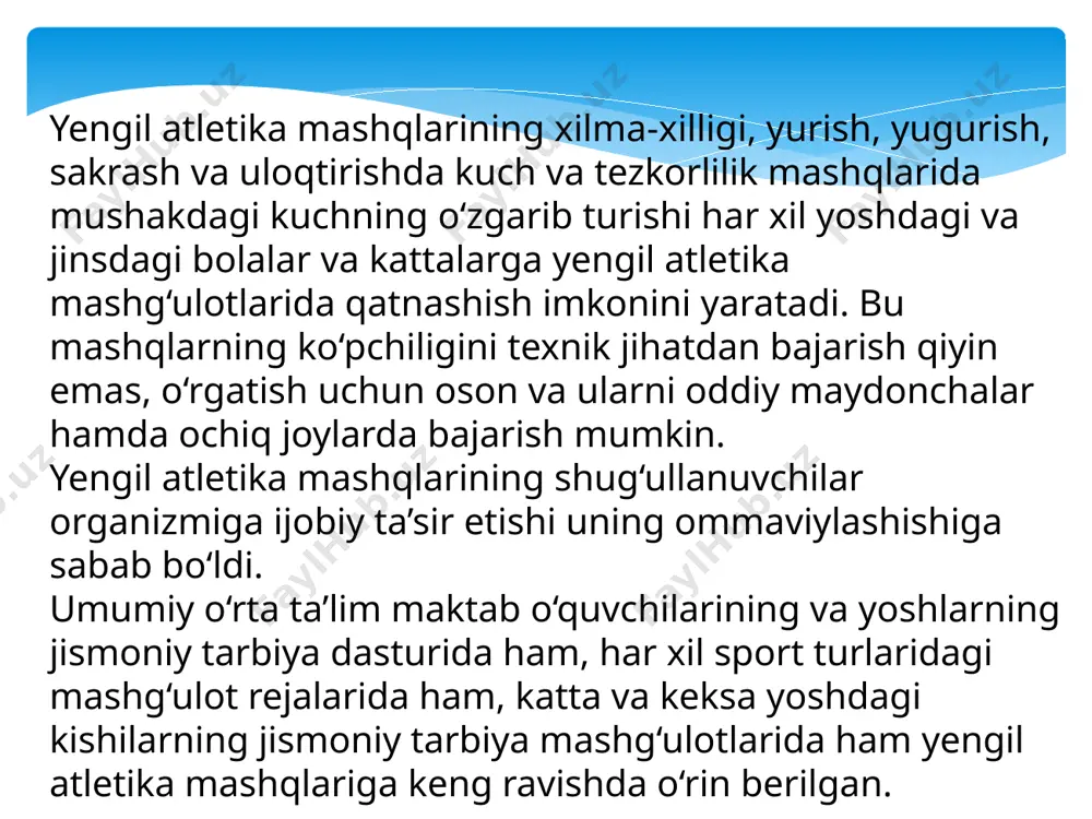 ish (start) usuli bilan boshlanadi. masofalarda past-baland joylarda o‘tkaziladi. kross yuqori shaylanish - start usuli bilan boshlanadi. sakrash - qarshiludami engib o‘tishning tabiiy shaku bo‘lib, bunda qisqa vaqt ichida asab-mushak kuchining maksimal zo‘riqishi kuzatiladi. sakrash oyoq va badan mushaklarini kuchaytirish hamda sakrash qobiliyatini oshirish uchun eng zarur mashqlardan hisoblanib, faqat engil atletlar uchun emas, balki basketbolchilar, voleybolchilar, gandbolchilar va futbolchuarga ham zarurdir. . balandlikka sakrashning “oshib o‘tish”, “qaychisimon o‘tish” va „fosberi flop“ usullari qo‘llaniladi. amerikalik sportchi fosberi (1968y.) meksikadagi olimpiada o‘yinlarida shu usulda sakrab g‘alaba qozongan. uzunlikka sakrashning joyidan turib sakrash, yugurib kelib sakrash, oyoqlarni bukkan holda, „qaychisimon" va egilib sakrash va uch hatlab sakrash usullari mavjud. uloqtirish mashqlari maxsus snaryadlarni uzoqqa irg‘itish vauloqtirishdan iborat. uloqtirish mashqlari vaqtida asab-mushaklar qisqa vaqt ichida maksimal zo‘riqadi. bunda qo‘l, elka kamari va badan mushaklarigina emas, balki oyoq mushaklari ham faol ishtirok etadi. snaryadlarni uzoqqa uloqtirish uchun kuch, chaqqonlik talab etiladi. bajarish usuliga qarab …