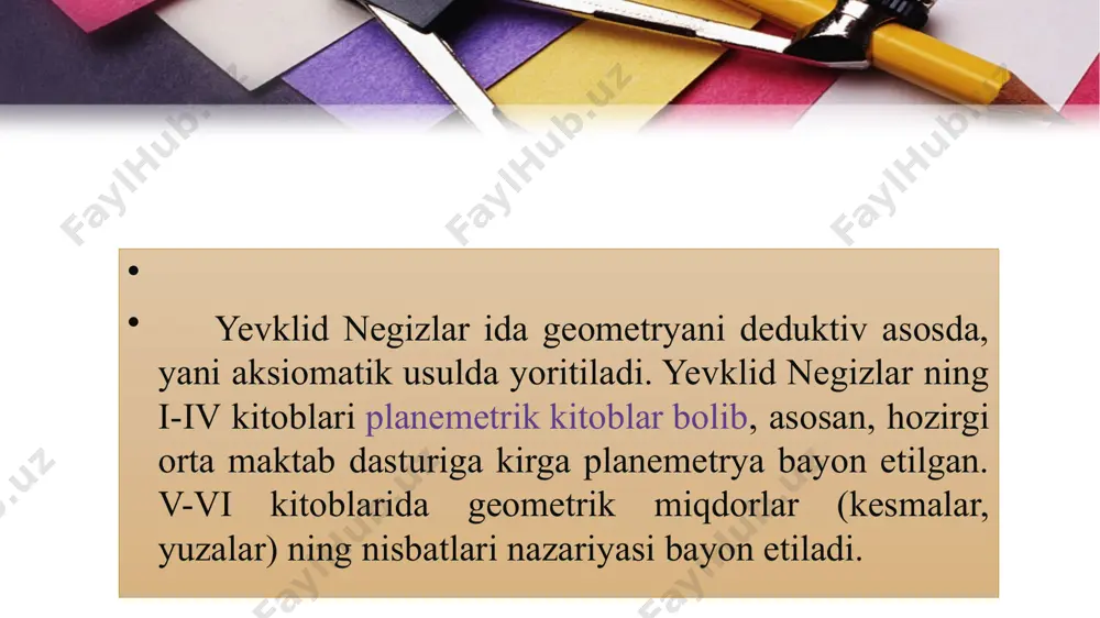 'lgan rasm va bu nuqtalarning uchtasi ham bitta to'g'ri chiziqda yotmasligi kerak va ularni bog'laydigan segmentlar kesishmasligi kerak. bu nuqtalar uchburchakning uchlari deb ataladi va segmentlardan bog'langan - uning yon tomonlaridir. geometrik konstruktsiyalar geometrik konstruktsiyalarni o'rganadigan geometriya bo'limi konstruktiv geometriya deb nomlanadi. konstruktiv geometriyaning asosiy tushunchasi "figurani qurish" tushunchasidir. asosiy takliflar aksioma shaklida shakllantirilib, quyidagilarga qaytariladi. 1. har bir berilgan raqam qurilgan. 2. agar ikkita (yoki undan ko'p) raqamlar qurilgan bo'lsa, unda bu raqamlarning birligi ham quriladi. 3. agar ikkita raqam qurilgan bo'lsa, unda ularning kesishishi bo'sh to'siq bo'ladimi yoki yo'qmi aniqlanishi mumkin. 4. agar ikkita qurilgan raqamlarning kesishishi bo'sh bo'lmasa, u quriladi. 5. agar ikkita raqam qurilgan bo'lsa, unda ularning farqlari bo'sh to'plam bo'ladimi yoki yo'qmi aniqlanishi mumkin. 6. agar ikkita tuzilgan raqamlarning farqi bo'sh to'plam bo'lmasa, u tuziladi. 7. tuzilgan raqamga tegishli nuqtani qurish mumkin. 8. siz qurilgan raqamga tegishli bo'lmagan nuqtani qurishingiz mumkin. ushbu xususiyatlarning bir qismiga …