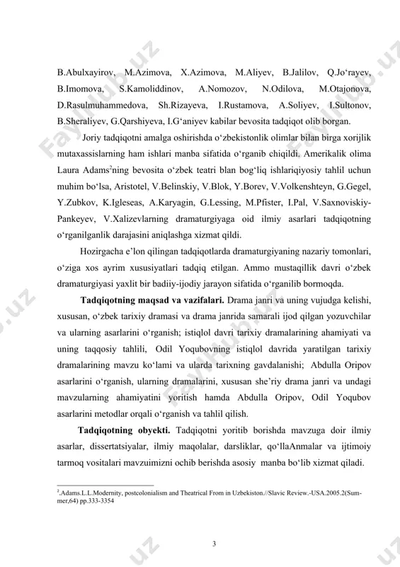 gan yozuvchilar va ularning asarlarini o‘rganish; istiqlol davri tarixiy dramalarining ahamiyati va uning taqqosiy tahlili, odil yoqubovning istiqlol davrida yaratilgan tarixiy dramalarining mavzu ko‘lami va ularda tarixning gavdalanishi; abdulla oripov asarlarini o‘rganish, ularning dramalarini, xususan she’riy drama janri va undagi mavzularning ahamiyatini yoritish hamda abdulla oripov, odil yoqubov asarlarini metodlar orqali o‘rganish va tahlil qilish. tadqiqotning obyekti. tadqiqotni yoritib borishda mavzuga doir ilmiy asarlar, dissertatsiyalar, ilmiy maqolalar, darsliklar, qo‘llaanmalar va ijtimoiy tarmoq vositalari mavzuimizni ochib berishda asosiy manba bo‘lib xizmat qiladi. tadqiqotning predmetini ijodi asosiy obyekt bo‘lgan ijodkorlar asarlaridagi dialoglarning nazariy asoslari va matndagi vazifasi, badiiy talqin xususiyatlarini tadqiq etish tashkil etadi. tadqiqotning ilmiy yangiligi. mazkur bitiruv malakaviy ishining ilmiy yangiligi shundaki, bu mavzu deyarli hali to‘laqonli o‘rganilmagan. mazkur tadqiqotda drama janri, uning tarixi, istiqlol davri tarixiy dramalari, shuningdek, istiqlol davri dramalari bilan sho‘ro davri dramalari qiyosiy tarzda tahlil qilinib o‘rganilgan. odil yoqubovning “avlodlarga maktub” va abdulla oripovning “sohibqiron” asarlarini …