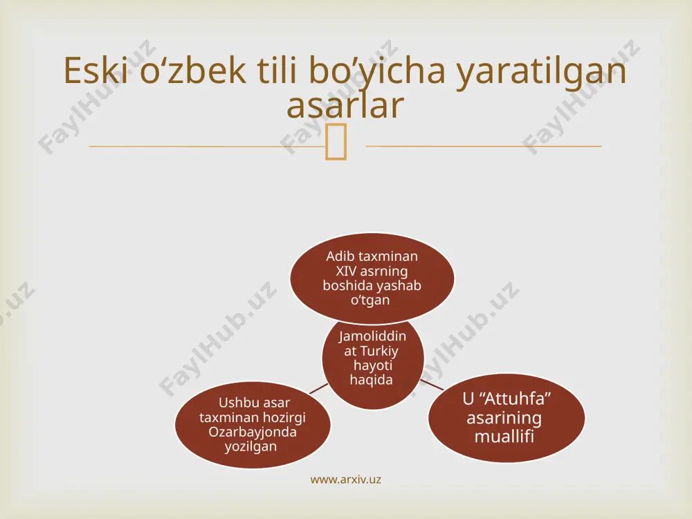 o’zbek olimlaridan biri .u buxorodagi madrasada o’qiydi. turkiyada hayot kechiradi .vengryada turkologlar anjumanida 1860-yilda ishtirok etadi . buxoriyning lug’atini taniqli turkolog olim i .kunosh tomonidan nemis tiliga tarjima qilinadi va1902-yilda budapeshda nashr etildi . asar 3 qismdan iborat 1-qismi muqaddima bo’lib , u “manzumai chig’atoy “deb atalgan . bunda muallif asarning yozish sabablari , tarjimai holi,lug’at tuzishga oid ma’lumotlar keltiradi. unda eski o’zbek tilida keltirilgan 7000 ga yaqin so’z keltirilgan. sulaymon buxoriy hayoti va ijodi www.arxiv.uz  ……. bu lug’at hindistonda , boburiylardan abu muzaffar avrangzeb hukumronligi davrida yaratilgan. unda eski o’zbek tiliga tegishli so’zlarning ma’nolari fors tilida izohlanadi .lug’at mundarijasi 15 bobdan iborat. uning 14 bobida fe’llar izohlanadi. undan tashqari grammatik kategoriyalar , zamon formalari ham izohlangan. ushbu tarif kimning qaysi asariga tegishli.. mavzuni mustahkamlash uchun xotira mashqi www.arxiv.uz  qaysi asrlarda misollar a.navoiy asarlaridan olinadi. a.”abushqa” “badoe-al-lug’at”. b.”sangloh” c.”muntahab-al-lug’at” d.”lug’ati chig’atoyi va turkiy usmoniy” test savollari www.arxiv.uz  …