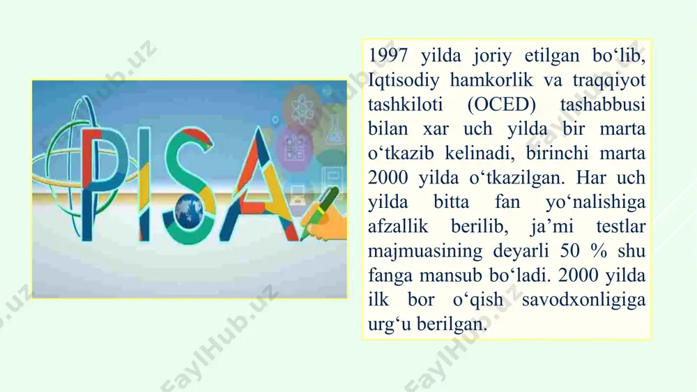 ni qay darajada rivojlanganligi haqidagi ma'lumotlarni xalqaro miqyosda taqqoslash imkonini beradigan, o'qish va o'qitishni yaxshilashda ta'lim sohasidagi davlat siyosatiga xizmat qilishi mumkin bo'lgan tahlillarni taqdim etadi. hozirgi vaqtda pirls ta'rifiga ko'ra, o'qish savodxonligi jamiyat tomonidan talab qilinadigan va inson tomonidan qadrlanadigan yozma til shakllarini tushunish va ulardan foydalanish, shuningdek, matnlardan turli shakllarda ma'no hosil qila olish qobiliyati hamdir 9 har besh yilda bir marta o'tkaziladi va hozirgacha besh marta: 2001 2011 2016 2006 2021 global miqyosida ta'lim tizimi darajasidagi yutuqlarning tendensiyalarini kuzatib borish pirls ma'lumotlarini tadqiq va tahlil qilish orqali o'qitish va o'qishni takomillashtirish yangi yoki qayta ko'rib chiqilgan ta'lim siyosatining ta'sirini kuzatib borish; ta'limning zaif nuqtalarini belgilash va o'quv islohotini amalga oshirish eng yuqori daraja 625 ball yuqori daraja 550 ball o‘rtacha daraja - 475 ballga past daraja - 400 ballga to‘g‘ri keladi pirls tadqiqotida o'qish savodxonligining darajalari pirls tadqiqotida o'quvchilarning dars vaqtida va maktabdan tashqari vaqtlarida o'qishini ikki …