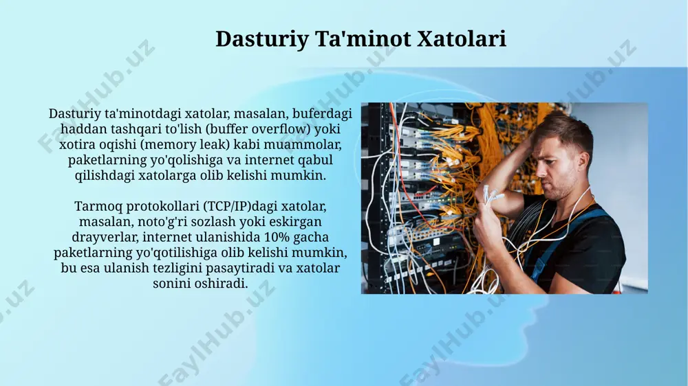 gan yoki yomon ulangan kabellar signalning susayishiga va 10-20% gacha paket yo'qotilishiga olib kelishi mumkin. shovqinlar va aralashuvlar radio chastotadagi aralashuvlar, 2,4 ghz va 5 ghz kabi diapazonlarda faoliyat yurituvchi qurilmalar tufayli, paket yo'qotilishiga va ulanish uzilishlariga olib kelishi mumkin. ko'p yo'lli tarqalish, ya'ni signalning bir nechta yo'llar orqali qabul qilinishi, konstruktiv va destruktiv aralashuvlarni keltirib chiqarib, bit error rate (ber) ni yuqorilatishi mumkin. xavfsizlik muammolari заиф шифрлаш алгоритмларини қўллаш орқали ҳужумчилар 50% гача трафикни кесиб олиши ва маълумотларни ўзгартириши мумкин. интернет тармоғидаги қабул қилиш хатолари орқали 1000 дан ортиқ фойдаланувчининг шахсий маълумотлари, жумладан, пароллар ва тўлов карталари рақамлари ўғирланиши мумкин. e'tiboringiz uchun rahmat @taqdimot_robot image2.jpg image3.jpg image4.jpg image5.jpg image6.jpg image7.jpg image8.jpg image9.jpg image10.jpg image11.jpg image12.jpg image1.png
