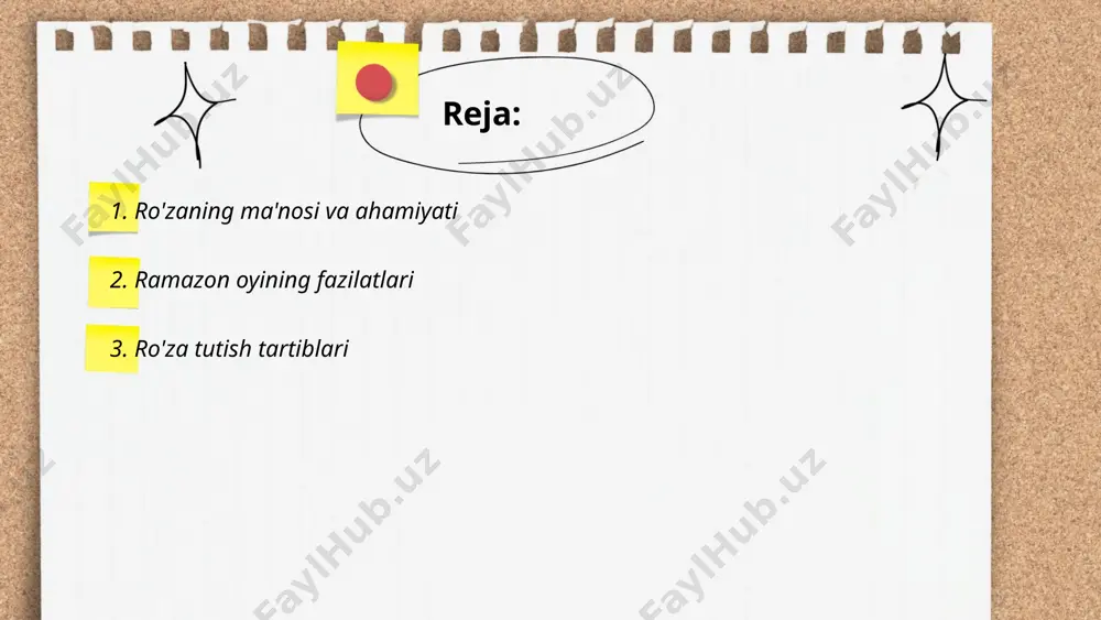 lish kerak, ya'ni kasallik, safar yoki boshqa holatlar ro'za tutishga to'sqinlik qilmasligi kerak. ro'za tutishga qodir bo'lmaganlar uchun esa fidya berish mumkin. shuningdek, ro'za tutishda yoshi ulug' yoki kichik bo'lishi ham muhim ahamiyatga ega. agar inson biron sababga ko'ra ro'za tutolmasa, u o'zining farzini qaytarib berishi kerak. ... t.me/slaydai_bot ramazon oyida ro'za tutish musulmonlar uchun farz amaldir va bu jarayon davomida maxsus duolar o'qilishi muhim sanaladi. ro'zadorlar uchun iftor va saharlik paytida o'qiladigan duolar mavjud. mashhur duolardan biri: "allohumma lakasumtu va bika amantu va ‘alayka tavakkaltu va ‘ala rizqika-aftartu." bu duo iftorda o'qiladi va uning asosiy maqsadi allohdan ro'zaning qabul bo'lishini so'rashdir. saharlikda esa ovqatlanishdan oldin niyat qilinadi: "nawaitu an asuma ghadam min shahri romadona." bu duolar ro'zaning ma'naviy jihatlarini mustahkamlashga yordam beradi. ... t.me/slaydai_bot qadr kechasi islomiy taqvimda eng qadrli kechalardan biri bo‘lib, ramazon oyining so‘nggi o‘n kunligi ichida, odatda 27-kechaga to‘g‘ri kelishi mumkin. ushbu kechada qur'on nozil qilingan. …