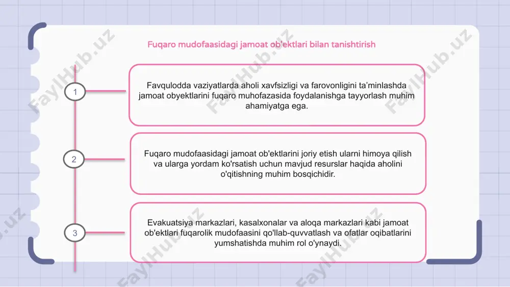 a'minlash, favqulodda vaziyatlarni bartaraf etish uchun xodimlarni o'qitish kiradi. bundan tashqari, favqulodda vaziyatlarda aholi bilan muloqot qilish, shuningdek, mahalliy hokimiyat organlari va boshqa manfaatdor tomonlar bilan muvofiqlashtirish rejalari bo'lishi kerak. yong'in signalizatsiyasi va favqulodda yoritish kabi uskunalar va tizimlarga muntazam texnik xizmat ko'rsatish va sinovdan o'tkazish ham ob'ektni fuqarolik mudofaasi holatlariga tayyorlashda muhim ahamiyatga ega. fuqaro mudofaasi uchun jamoat ob'ektlarini tayyorlashning ilg'or tajribasi fuqaro mudofaasi uchun jamoat ob'ektlarini tayyorlash juda muhimdir. eng yaxshi amaliyotlar qatoriga favqulodda vaziyatlar vositalarining mavjudligini ta'minlash, muntazam o'quv mashg'ulotlarini o'tkazish va aloqa tizimlarini saqlash kiradi. jamoat inshootlarida favqulodda vaziyatlarda odamlarni himoya qilish uchun er osti boshpanalari kabi xavfsiz joylar ajratilgan bo'lishi kerak. bundan tashqari, ob'ektlar zaxira quvvat manbalari va oziq-ovqat va suv zaxiralari bilan jihozlangan bo'lishi kerak. muntazam tekshirish va texnik xizmat ko'rsatish jamoat ob'ektlarining yaxshi holatda va fuqarolik mudofaasida foydalanishga tayyor bo'lishini ta'minlash uchun muhim ahamiyatga ega. o'zgaruvchan tahdidlarga moslashish uchun favqulodda vaziyatlar rejalari va …