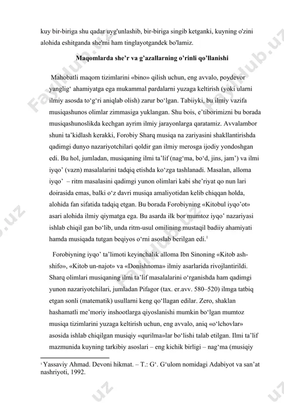 iy») manzillariga band et. «busalik»ni «husayniy» darajasi qadar yuksaltir. kamtarlik ila qalbingni oshiqlar («ushshoq») kabi ishq kuyi («navo») ila ziynatla, va, kichik olamni («kuchak») katta olam («buzurg») birla uyg‘un et. shuni aytish kerakki, o‘rta asrlarda mazkur 12 ja’m nomlari na faqat maxsus ilmiy risolalarda, balki badiiy adabiyotda ham keng qo‘llanilgan. bunda, ayniqsa, «hijoz» va «iroq» nomlari serma’no tushunilgan. ma’lumki o‘tmishda muqaddas hijoz manziliga yetishmoq yo‘lida iroq cho‘llaridan o‘tilgan. shularni nazarda tutgan holda, «hijoz» va «iroq» nomlari ulug‘ haj safariga tashbeh etilgan. bunga quyidagi she’riy misralar ham misol bo‘lishi mumkin: gar sifohonda navo topmasang, ey yori buzurg, qilg‘asan, azmi iroq, aylab ohangi hijoz. (hofiz xorazmiy) lutfiy, hiriyda qolmadi she’ringga mushtariy, azmi hijoz qilki, maqoming iroq emish. (mavlono lutfiy) ey navoiy, sen dog‘i qilsang tama’ sayri hijoz, qil iroq ohangi, tark aylab xuroson men kebi. (alisher navoiy) 12 jam’ni yuqorida keltirilgan xususiy nomlari bilan birga ularni musiqa amaliyotida bevosita qo‘llash nuqtayi nazaridan …