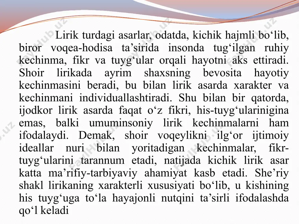 o‘qisagina, eshituvchini zavqlantira oladi. lirikaning asosiy obrazi bu lirik qahramon (ba’zan u lirik subyеkt dеb ham yuritiladi). ko‘pincha lirik qahramon dеganda muallif tushuniladiki, bu har doim ham to‘g‘ri bo‘lavеrmaydi. zеro, shoir o‘zining kеchinmalarini tasvirlashi ham, o‘zganing ruhiyatiga kirgan holda o‘sha “o‘zga shaxs” kеchinmalarini tasvirlashi ham mumkin. bu o‘rinda yana bir muhim masala bu shе’rda hatto shoir o‘z kеchinmalarini tasvirlagan holda ham lirik qahramon bilan rеal shoir orasiga tеnglik alomati qo‘yib bo‘lmaydi, chunki l.tolstoy shunday demoqchi: “har bir inson qalbida mavjud bo‘lishi mumkin bo‘lgan barcha qalblar imkoniyat tarzida mavjuddir, shunga ko‘ra, shoir o‘zganing holatiga kirishi, ma’lum hayotiy jarayonda istalgan insonning kеchinmasini his qilishi ham mumkin”. masalan, cho‘lponning “mеn va boshqalar” shе’ri garchi lirik “mеn” tilidan bеrilgan bo‘lsa-da, uning lirik qahramoni shoir emas, balki o‘zbеk qizining umumlashma obrazi ekanligi oyday ravshan ko‘rib turibmiz. 4 lirik turning belgilari haqida so‘zlashdan oldin hamma adabiy turlar uchun umumiy bo‘lgan belgilar ham, u yo bu adabiy …