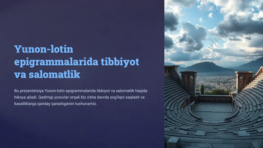ng nomlari, unvonlari va muvaffaqiyatlari. tibbiy amaliyotlar jarrohlik usullari, kasalliklar va davolanish turlari. 10 xulosa epigrammalar tibbiyot tarixini tushunish uchun qimmatli manba hisoblanadi. ular qadimgi davrlarga oid sog'liqni saqlash va kasalliklarga oid g'oyalar haqida ma'lumot beradi. bu yozuvlar qadimgi odamlarning hayotini, e'tiqodlarini va tibbiy bilimlarini chuqurroq tushunishga yordam beradi. 11 image2.jpeg image3.jpeg image4.jpeg image5.jpeg image6.jpeg image7.jpeg image8.jpeg image9.jpeg image10.jpeg image11.jpeg image12.jpeg image13.jpeg image14.jpeg image15.jpeg image16.jpeg image17.jpeg /docprops/thumbnail.jpeg