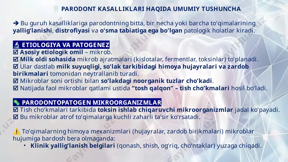 an qon kelishi  milkning achishishi, qichishi  og‘izdan yoqimsiz hid  ba’zan og‘izda og‘irlik yoki qitiqlanish hissi klinik belgilar:  milkning qizarishi (giperemiya), shishishi  seroz-yiringli ajralma bo‘lishi mumkin  milkning yuzaki qavati oson shikastlanadi  gingival cho‘ntaklar yo‘q  tish yuzasida yumshoq blyashka va tish toshi mavjud 2. gipertrofik gingivit 👉 asosan o‘smirlar, homilador ayollar va gormonal o‘zgarish davrida uchraydi. bemor shikoyatlari:  milkning kattalashishi (estetik nuqson)  qonash, og‘riq, ovqat chaynashda noqulaylik  ba’zan gapirishda yoki yutishda qiyinchilik klinik belgilar:  milkning to‘qimalari o‘sib chiqadi (fibroz yoki yallig‘lanishli)  milk tish tojini qisman yopib qoladi  qonash oson yuz beradi  periodontal cho‘ntaklar paydo bo‘lishi mumkin  ko‘pincha oldingi tishlar oralig‘ida ko‘rinadi 3. yarali (nekrotik) gingivit 👉 juda og‘ir kechuvchi shakl. ko‘pincha immunitet pasayishi, avitaminoz, yuqumli kasalliklardan keyin kuzatiladi. bemor shikoyatlari:  milkda kuchli og‘riq  og‘izdan juda yoqimsiz chirigan hid  tish yuvishda va hatto gaplashganda …
