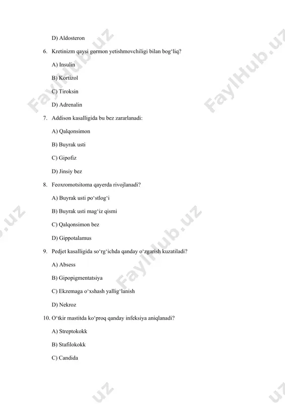 loidli c) autoimmun d) fibrozli 18. gipofiz adenomasi makroskopik ko‘rinishi: a) tarqoq tugunli b) yumshoq, yaxshi chegaralangan c) qattiq va oqish d) pushti va shilimshiq 19. buyrak usti bezining po‘stlog‘i qanday gormonlarni ishlab chiqaradi? a) adrenalin va noradrenalin b) t3 va t4 c) glukokortikoidlar va mineralokortikoidlar d) insulin va glukagon 20. feokromotsitoma qanday gormonlar bilan bog‘liq? a) estrogenlar b) adrenalin va noradrenalin c) tiroksin d) kortizol 21. akromegaliya katta yoshdagilarda qaysi gormon bilan bog‘liq? a) insulin b) somatotropin c) adrenalin d) estrogen 22. cushing sindromi nimaning ortiqcha ishlab chiqarilishi bilan bog‘liq? a) insulin b) adrenalin c) kortizol d) tiroksin 23. hashimoto tireoiditining asosiy sababi: a) infeksiya b) autoimmun reaksiya c) radiatsiya d) travma 24. prolaktinoma ko‘proq kimlarda uchraydi? a) erkaklarda b) bolalarda c) ayollarda d) yoshi kattalarda 25. qalqonsimon bezdagi benign o‘sma: a) adenoma b) sarkoma c) karsinoma d) fibroma 26. yallig‘lanishli mastit qaysi holatda ko‘proq uchraydi? a) homiladorlikda b) …