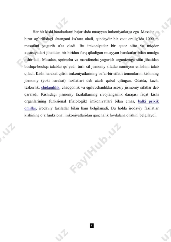 esa jismoniy tarbiya nazariyasi, fiziologiya va antropologiyada tadqiqot mavzui bo`la 3. xo‘jaev f. o‘zbekistonda jismoniy tarbiya. 2000-y. oladi. harakatlantiruvchi sifat tariqasidagi kuchni ko`rsatish uchun kuch imkoniyatlari, kuch qobiliyati, mushak kuchi atamalari ishlatiladi. kuch mashqlarini bajarish vaqtida mushaklar uch xil tartibda ishlashi mumkin: 1. o`z uzunliklarini o`zgartirmay (statik, izometrik tartib). 2. o`z uzunliklarini kamaytirib (qarshiliklarni yenguvchi, miometrik tartib). 3. uzayib (yon beruvchi, pliometrik tartib). masalan, oyoqlar to`g`ri ko`tarilgan vaqtdan to to`g`ri burchak hosil bo`lgunicha mushaklar faoliyatining uchala tartibi uchrashadi. oyoqlar ko`tarilganda – mushak ishi uzunligining kamayishi, oyoqlarni 90 gradus burchak ostida ushlab turishda – statik ish; dastlabki holatga qaytib oyoqlarni tushirishda – mushaklarning uzayishi. qarshiliklarni yenguvchi va ularga yon beruvchi tartiblarning birlashuvi “dinamik tartib” deyiladi.o`quvchilar jismoniy tarbiyasida umumiy va maxsus kuch tayyorgarligi amalga oshiriladi.umumiy kuch tayyorgarligi insonning mehnat faoliyatiga tayyorligi va jismoniy rivojlanishi uchun ahamiyatga ega bo`lgan barcha asosiy mushak guruhlarining uyg`un rivojlanishiga qaratilgan. maxsus kuch tayyorgarligining maqsadi faoliyatning tanlangan turiga …