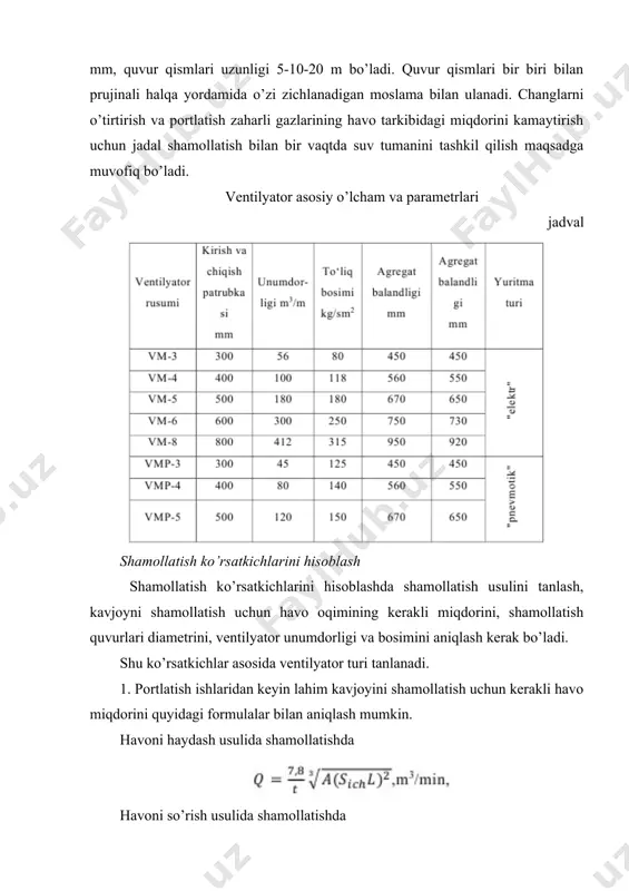 sti kon ishlarida xavfsizlik yagona qoidalari talablariga ko’ra changning miqdori shaxta (kon) havosining bir metr kub tarkibida 2 mg dan oshmasligi kerak. shamollatishning murakkab usuli qo’llanilganda kavjoyidan changni havo yordamida olib ketish 2-3 baravar boshqa usullarga nisbatan samaradorligi aniqlangan. shaxtada har bir kavjoy alohida toza havo oqimi bilan shamollatishda ham sog’lom muhit yaratiladi. shaxta atmosferasini sog’lomlashtirishda quyidagilar tavsiya etiladi: shpurlarni burg’ilashda suv bilan yuvish yoki quruq chang ushlagichlardan foydalanish; portlatishdan keyin shamollatishning murakkab usulini qo’llash; kavjoyga portlatishdan oldin va portlatishdan keyin suv sepish; shpur zaryadlari bilan birgalikda suv to’ldirilgan qoplarni portlatish; shpurlar tiqini sifatida suvdan foydalanish ya’ni qumli loy tiqinlaridan umuman to’liq voz kechish kerak. adabiyotlar: 1. mirziyoev sh.m. buyuk kelajagimizni mard va olijanob halqimiz bilan birga kuramiz. – t.: “o’zbekiston” nmiu, 2017. – 488 b. 2. городниченко в.ч., дмитриев а.п. основы горного дела. м., изд. "горная книга", 2008 3. чупрунов г.д. технология и комплексная механизация проведения горных выработок. м., …