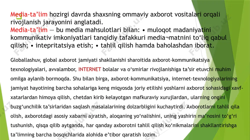 a mahsulotlarni hayot tarzini aniqlash. media-ta’lim — bu butun hayot uchun konsepsiyasi deyiladi. media-savodxonlik insonga ekranli san’atni: • televideniye; • radio; • video; • kinomotograf; • pressa; • matbuot internet va boshqalarni taqdim etadi. manbalardan kelayotgan axborot oqimidan to‘g‘ri foydalanib, o‘zining rivojlanishi uchun kerakli bo‘lgan axborotlarni o‘rganish. media-ta’lim usullari, asosan ikki muhum bosqichlarga bo‘linadi. media-nazariyasi, uning tarixi, strukturasi hamda tili haqida bilim olish (o‘qitish media-texnologiyasi); 2. mediamatnlarni qabul qilishni rivojlantirish «o‘qish, anglash, tasavvurni faollashtirish, xotirani rivojlantirish, fikrni turli usullarini rivojlantirish» (kritik, ijodiy, intuitv hamda obraz yaratish). ushbu kursda- tinglovchilarda media va axborot savodxonligi, infoetikani shakllantirishga xizmat qiladi. bugungi axborot asridagi shiddatli va murakkab jarayonlar axborot makoni globallashuvi, so‘z erkinligi ta’minlanishi, ommaviy kommunikatsiyaning kuchayishi, shuning barobarida oavning manipulyativ ta’siri oshishiga xizmat qilmoqda. shunday sharoitda professional jurnalistlar tayyorlashda jurnalistika ta’lim yo‘nalishida tahsil olayotgan talabalarning axborotdan bahramandlik, undan to‘g‘ri foydalanish, ishonchli axborot manbalarini aniqlash bo‘yicha bilimlarni egallashi — mediasavodxon bo‘lishiga e’tibor qaratish zarur. …