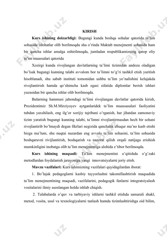 jlangan davlatlarning ta’limi tizimidan andoza oladigan bo’lsak bugungi kunning talabi avvalom bor ta’limni to’g’ri tashkil etish yuritish hisoblanadi, shu sabab instituti tomonidan ushbu ta’lim yo’nalishini kelajakda rivojlantirish hamda qo’shimcha kasb egasi sifatida diplomlar berish ishlari yuzasidan bir qancha ishlar olib borilmoqda. bularning hammasi jahondagi ta’limi rivojlangan davlatlar qatorida kirish, prezidentimiz sh.m.mirziyoyev aytganlaridek ta’lim muassasalari faoliyatini tubdan yaxshilash, eng ilg’or xorijiy tajribani o’rganish, har jihatdan zamonaviy tizim yaratish bugungi kunning talabi, ta’limni rivojlantirmasdan hech bir sohani rivojlantirib bo’lmaydi degan fikrlari negizida qanchalik chuqur ma’no kasb etishi bizga ma’lum, shu nuqtai nazardan eng avvalo ta’lim sohasini, ta’lim sohasida boshqaruvni rivijlantirish, boshqarish va nazorat qilish orqali natijaga erishish mumkinligini inobatga olib ta’lim menejmentiga alohida e’tibor berilmoqda. kurs ishining maqsadi: ta’lim menejmentini o’qitishda o’g’zaki metodlardan foydalanish jarayoniga yangi innovatsiyalarni joriy etish. mavzu vazifalari: kurs ishimizning vazifalari quyidagilardan iborat: 1. bo’lajak pedagoglarni kasbiy tayyorlashni takomillashtirish maqsadida ta’lim menejmentining maqsadi, vazifalarini, pedagogik fanlarni integratsiyalash vositalarini ilmiy …