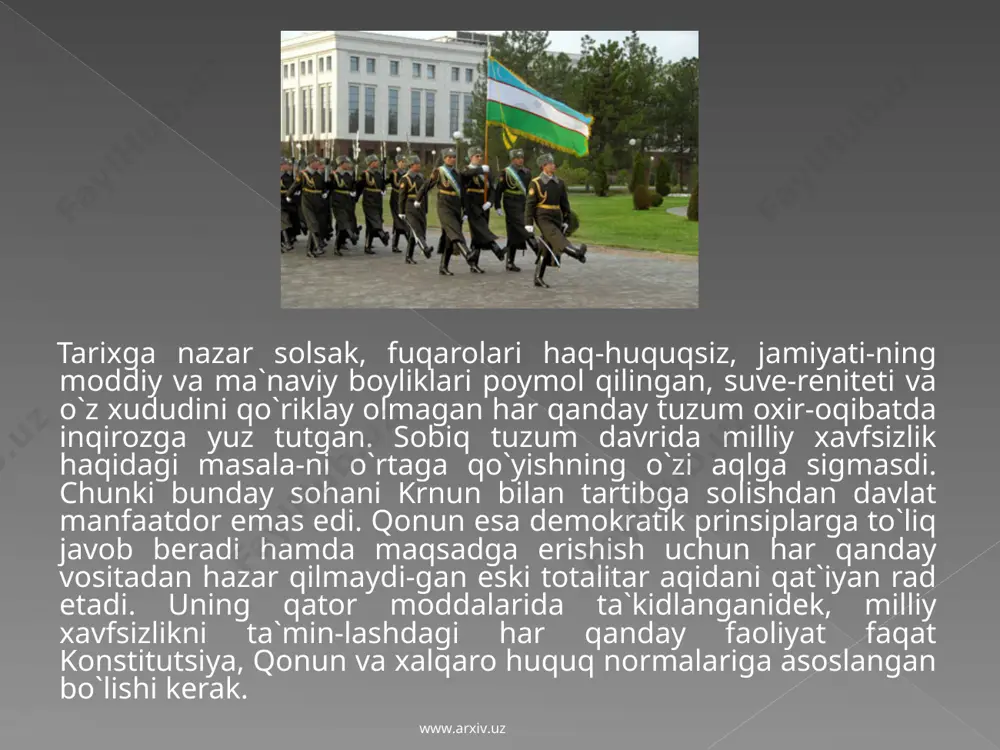 muman markaziy osiyodagi ma`naviy-siyosiy vazi-yatni g`oyat chuqur, har taraflama asosli taxlil etar ekan, ular-ning mamlakatlar ijtimoiy-siyosiy muhitiga ta`siri haqida: mazkur mintaqaning jaqon taraqqiyotida tutgan o`rni va xalq-aro tashkilotlarning vazifalari haqida priniipial fikrlar yuritdi. ushandan buyon oradan ma`lum muddat vaqt o`tdi. mamlakat hayotida ham, jaxrn siyosatida ham bir muncha o`zgarishlar yuz berdi. ana shu ijtimoiy-siyosiy jarasnlar yuz berayotgan yangi-dan-yangi hodisalarga alohida e`tibor bilan qarashni taqozo etayotganligi sababli prszident i. karimov dunyo va yer yuzi taqdiriga daxldor bo`lgan qator muammolar ustida doimiy va uzluksiz yangi fikrlarni ilgari suradi. www.arxiv.uz www.arxiv.uz jumladan, u o`tmish-dagi «sovuq urush» illatlariga barham berish, g`oyaviy kurash-larga chek qo`yish yo`li bilan tashqi siyosatni xalqlar va mam-lakatlar ravnaqi asosida qayta shakllantirish zarurligi g`oyasi-ni o`rtaga tashlaydi. davlatlararo munosabatlar har tomonlama dunyo taraqqiyotiga va mamlakatlar fuqarolarning hayotiga daxl-dor bo`lishini uqtirib o`tdi. u yor yuzi xavfsizligi bilan bir qatorda o`zbekistonda chinakam insonparvar siyosat tobora chu-qurlashib borayotganini va u dunyo kengliklariga chiqib olayot-ganini yaqqol …