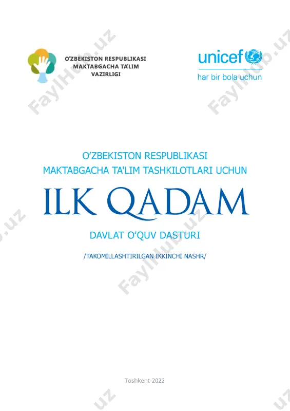 tayyorlash va ularning m alakasini oshirish instituti ilm iy kengashining 2021 -yii 23-dekabrdagi 10-sonli bayonnomasi, o 'zbekiston respublikasi maktabgacha ta 'lim vazirlig in ing m uvofiq lashtiruvchi kengashining 2022-yil 4-fevraldagi 1-sonli bayonnom asi bilan tasd iq langan va nashr qilish uchun tavsiya etilgan. / / / / / mundarija tushuntirish xati............................................................................................................................................5 i-bob. um umiy q o idalar ......................................................................................................................... 7 1.1. davlat o 'quv dasturin ing q o 'lla n ilis h i.......................................................................................8 1.2. mttning maqsad va vazifa la ri....................................................................................................8 1.3. pedagogning r o l i .........................................................................................................................8 ii-bob. mtt ta'lim vatarbiyajarayonining maqsad va tamoyillari....................................... 10 2.1. mtt ta 'lim va tarbiya jarayonin ing m aqsad i.......................................................................... 11 2.2. mttda ta 'lim va tarbiya jarayonin i tashkil etish tam oy illa ri................................................. 11 2.3. qo 'sh im cha ta 'lim x izm atlarin i tashkil e t ish .......................................................................... 12 2.4. ta'lim olishda alohida ehtiyojlari bo 'lgan bola lar uchun ta 'lim …