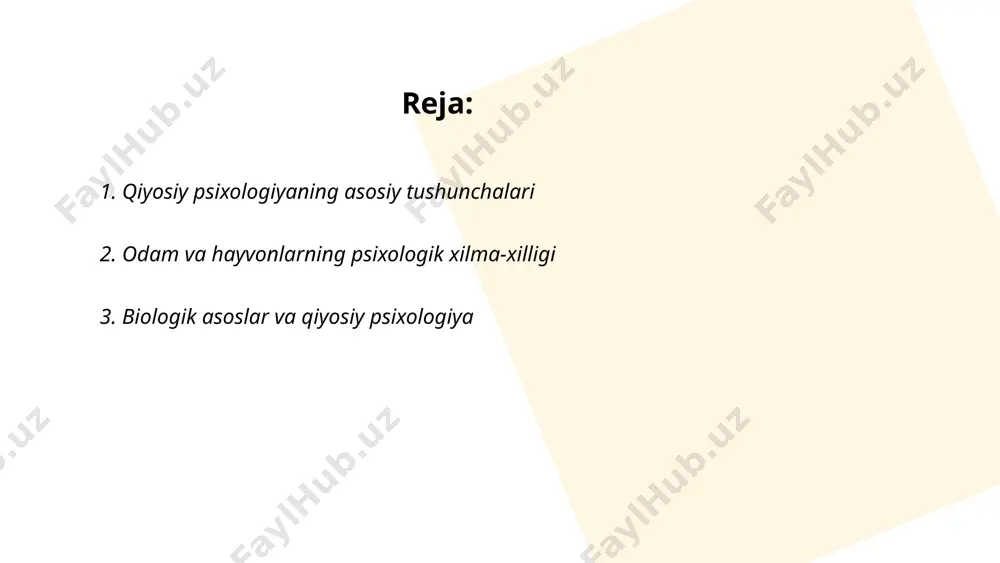 evolyutsion, genetika va fiziologik omillarini o'rganadi. ushbu soha xulq-atvorning biologik asoslarini, miya tuzilishi, neyrotransmitterlar va gormonal ta’sirlar orqali tahlil qiladi. qiyosiy psixologiya yordamida turli hayvon turlarining o‘rganish, xotira, idrok va ijtimoiy xulq-atvor kabi funksiyalaridagi o‘xshashlik va farqlarni aniqlash maqsadida tajribalar o‘tkaziladi. masalan, asalarilar va qushlarning navigatsiya qobiliyatlari yoki primatlar va kemiruvchilardagi ijtimoiy xulq-atvor tahlili odamlardagi miya funktsiyalarini tushunishda foydali ma’lumotlarni beradi. ushbu tadqiqotlar evolyutsion psixologiyaga ham asoslar yaratadi. ... t.me/slaydai_bot 4. hayvonlar bilimi va o‘ziga xos aql hayvonlar bilimi va o‘ziga xos aql haqida ilmiy tadqiqotlar juda ko‘p ma’lumotlar beradi. delfinlar tovush orqali muloqot qilish va bir-birlarini chaqirish uchun murakkab tizimlardan foydalanadi. qarg‘alar asboblarni yasash va qo‘llash qobiliyatiga ega; ba’zi turlari 8–10 qadamli masalalarni hal qilishi mumkin. sherlar ijtimoiy guruhlarda yashab, birgalikda ov qilishadi, bu esa strategik aql talab qiladi. fillar 50 yilgacha tushuncha va tajribalarni eslab qoladi va o‘tilgan yo'llarni eslab, ko‘p kilometr yo‘lni bosib o‘tishi mumkin. ko‘plab primatlar, …