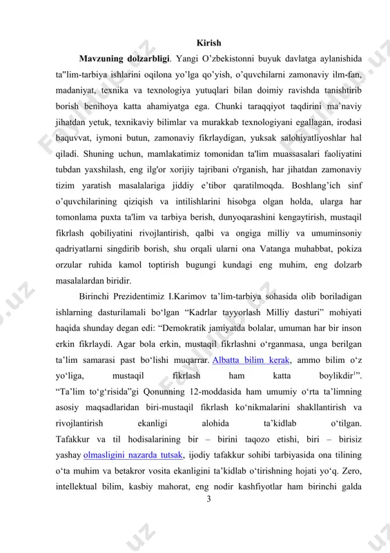 a ravishda to‘g‘ri, izchil o‘rinda ifodalash, egallangan bilimlarni mustahkamlashga xizmat qiladigan mustaqil matn yaratishning universal texnologiyasi modulini ishlab chiqish, shu tizim asosida o‘quvchining matn yaratish ko‘nikmalarini shakllantirish va rivojlantirish masalalariga bag‘ishlangan. davlat ta’lim standartlari talabalari asosida ona tili o‘qitishning bosh maqsadi o‘quvchilarda mustaqil fikrlash, ijodiy fikr mahsulini yozma, og‘zaki shakllarda to‘g‘ri, ravon ifodalash ko‘nikmalarini shakllantirish ekan, demak, til o‘qitish metodikasi fani oldida o‘z yechimini kutib turgan navbatdagi dolzarb vazifa – o‘quvchilarda mustaqil matn yaratish ko‘nikmalarini shakllantirish muammosining ijobiy yechimini topishdan iborat. biz tanlagan ilmiy-tadqiqot mavzusi ana shu muammoning ilmiy – amaliy yechimini topish maqsadida amalga oshirildi bmi mavzusining dolzarbligi ham ana shu ilmiy-metodik zaruriyat bilan belgilanadi. kurs ishining ob’ekti va predmeti: boshlang’ich sinflarda matn yaratishni shakllantirish kurs ishining predmeti matn yaratish haqida fikrga ega bo’lish kurs ishining maqsadi va vazifalari: matn yaratishdan maqsad : · fikrlash doirasini kengaytrish, · o’quvchilarni izlanuvchanlikka undash, · ularni ko’proq ma’lumotga ega bo’lishi ta’minlash · …