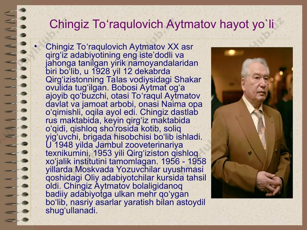 asalan, «oq kema», «alvido, gulsari») so‘ng qirg‘iz tiliga o‘girildi. asarlari; «yuzma-yuz», «sarvqomat dilbarim», «somon yo‘li» (1963), «momo yer», «alvido gulsari» (1966), «oq kema», «sohil yoqalab chopayotgan olapar» (1977), «hoshim», «gazetachi dzyuydo», «oq yomg‘ir», «sepoyachi», «qiyomat» (1986, qahramonlari: ober-kandalov, iso, avdiy, pontiy pilat, iuda, grishan, bozorboy, ko‘chqorboev, guram juxadze, bo‘ston, sandro va boshq.), «birinchi muallim» (1962), «asrga tatigulik kun», «kasandra tamg‘asi» (1990), «erta qaytgan turnalar» va boshq. «oq kema» qissasi haqida bu qissa 1970 iilda yozitgan bo‘lib, 7 qismdan iborat. asar qahramonlari kuyidagilar: mo‘min chol (u asarda «juda qartayib qolgan, yakkayu yolg‘iz o‘g‘li urushda halok bo‘lgan, umr bo‘yi bir yostiqqa bosh qo‘yib yotgan xotinidan ajralgan, eng katta baxtsizligi - uning qizlariga baxt kulib boqmagan» deya ta’riflangan), o’razqul, bekey, bola (baliq bola uchun erk va qudrat ramzi edi) va boshq. «e bo‘tam, hofizlar hamdu sano o‘qishda bahslashsa - qanday yaramaslik, ular qo‘shiqchidan qo‘shiq kushandasiga aylanishadi. ... e, bo‘tam, qadimgi odamlardan kolgan gap …