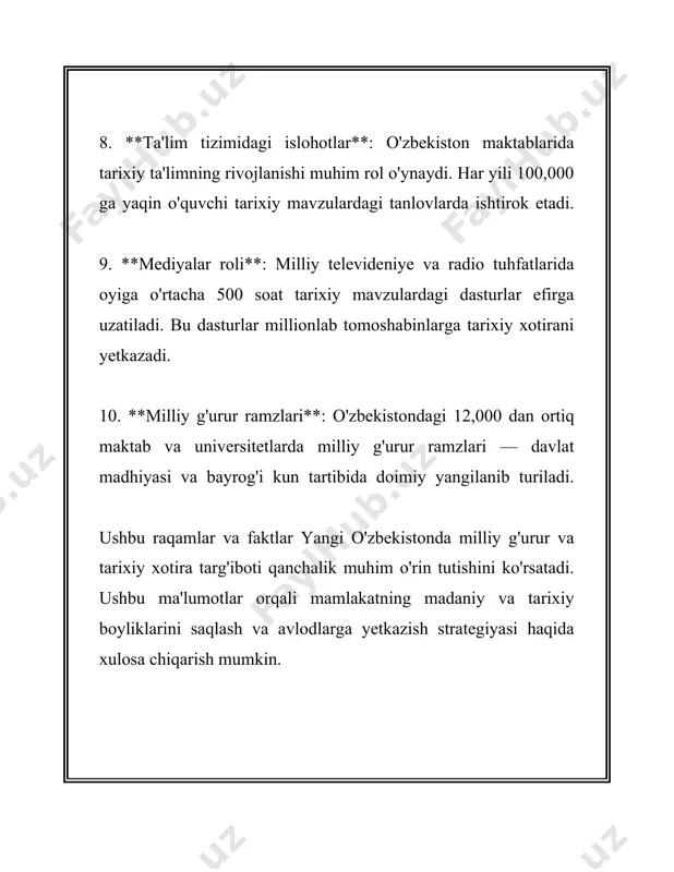 qilishga alohida e’tibor qaratiladi. ma’naviy-ma’rifiy ishlarni takomillashtirish maqsadida ta’lim muassasalarida har yili "ma'naviyat darslari" o'tkaziladi. 2021/2022 o‘quv yilida bu darslarda 2 milliondan ortiq o‘quvchi va talabalar qatnashgan. bundan tashqari, 2023 yilgacha 500 dan ortiq elektron darsliklar ishlab chiqildi va axborot texnologiyalari yordamida ta’lim olish imkoniyatlari kengaytirildi. albatta, bu tadbirlar nafaqat milliy ruhiyatni yuksaltirishga qaratilgan, balki xalqaro hamkorlikni rivojlantirishga ham xizmat qiladi. misol uchun, 2021 yilda toshkentda xalqaro ma’naviyat va ma’rifat konferensiyasi o'tkazildi. ushbu konferensiyada 30 dan ortiq mamlakatlardan 200 ga yaqin mutaxassislar ishtirok etdi. ma'naviyat va ma'rifat tadbirlarining o‘sishida ommaviy axborot vositalari, xususan, davlat televideniyesi va radio kanallari muhim rol o‘ynaydi. har yili ular orqali ma'naviy-ma'rifiy mavzularni qamrab oluvchi 10 mingdan ortiq tele-radio dasturlar e’lon qilinadi. shu kunga qadar mamlakat bo‘ylab 5 mingdan ortiq ma’naviyat va ma’rifat burchaklari tashkil etilgan bo‘lib, ular jamiyat a’zolarini, ayniqsa, yoshlarni milliy qadriyatlar va tarixiy xotira bilan tanishtirishga qaratilgan. 2023 yilning birinchi yarmida bu burchaklarga …