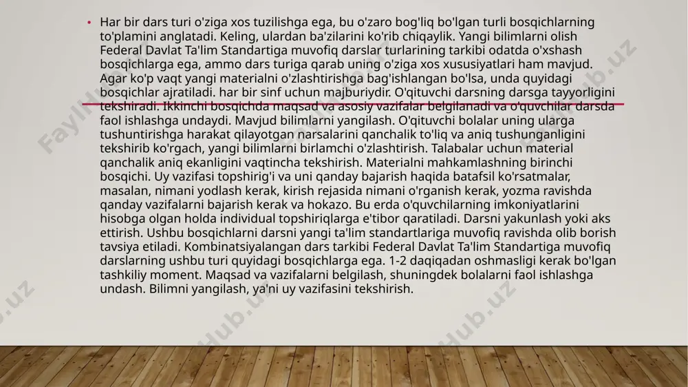 r, ayniqsa sust o'quvchilar uchun. darsdagi asosiy faoliyat, berilgan savollarga javob topish bo'yicha mustaqil ish bo'lishi kerak. gigienik mehnat sharoitlariga rioya qilish masalasini e'tibordan chetda qoldirib bo'lmaydi. dars o'quvchilar o'rtasida muloqot ko'nikmalarini muvaffaqiyatli shakllantirish va ularning diqqatini faollashtirish uchun barcha zarur sharoitlar yaratilgandagina samarali bo'ladi. eng muhimi, yomon ishlaydigan va kuchliroq bolalarga farqli yondashuv. ochiq dars o'tkazilganda o'qituvchilar har doim o'qituvchining dars davomida turli toifadagi talabalar bilan ishlashini qanday tashkil etishiga e'tibor berishadi. talabalarning bilim faoliyatini tashkil etish 1) fikrlash va xayolotning samarali ishlashi uchun shart-sharoitlarni ta'minlash choralarini aniqlash: talabalar o'rganilayotgan ob'ekt va hodisalarni idrok etish usullarini rejalashtirish, ularni tushunish; • ishonch va taklif ko'rinishidagi munosabatdan foydalanish; talabalarga doimiy e'tibor va e'tiborni jalb qilish uchun sharoitlarni rejalashtirish; oldindan yangi bilimlarni qabul qilish uchun zarur bo'lgan bilimlarni talabalar xotirasida aks ettirish uchun har xil ish usullaridan foydalanish (individual so'rov, suhbat, takrorlash testlari). 2) yangi bilim va ko'nikmalarni shakllantirish jarayonida o'quvchilarni fikrlash …