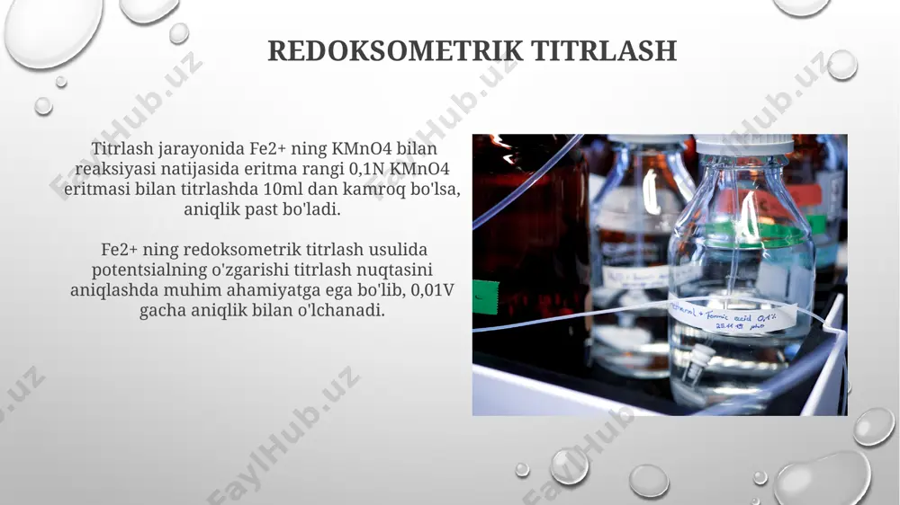 siyati hisoblanadi va konsentratsiyaga bog'liq ravishda o'zgaradi. fe2+ kationining magnit momenti 4,9 bm bo'lib, bu uning to'rtta toq elektroniga ega ekanligini ko'rsatadi va kuchli paramagnit xususiyatlarini aniqlaydi. ion xromatografiyasi ion xromatografik analiz fe2+ kationlarini boshqa metall ionlari (mn2+, co2+, ni2+, cu2+ va boshqalar) aralashmasidan samarali ajratish va aniqlash imkonini beradi. usulning sezgirligi detektor turiga bog'liq bo'lib, masalan, kondaktiv detektorlar fe2+ uchun 1 mg/l gacha bo'lgan konsentratsiyalarni aniqlay oladi. induktiv plazma atom-emissiya spektroskopiyasi (icp-aes) icp-aes usuli fe2+ kationining konsentratsiyasini 0,1 mg/l gacha aniqlash imkonini beradi va yuqori aniqlikdagi natijalarni ta'minlaydi, bu uni atrof-muhit namunalarini tahlil qilishda juda samarali qiladi. icp-aes yordamida fe2+ kationining tahlili ko'p elementli tahlilni amalga oshirishga imkon beradi va analitik signallarni 180 dan 800 nm gacha bo'lgan to'lqin uzunliklarida aniqlash mumkin. e'tiboringiz uchun rahmat @taqdimot_robot image3.png image4.jpg image5.jpg image6.jpg image7.jpg image8.jpg image9.jpg image10.jpg image11.jpg image12.jpg image13.jpg image14.jpg image15.jpg image16.jpg image17.jpg image18.jpg image19.jpg image20.jpg image1.png