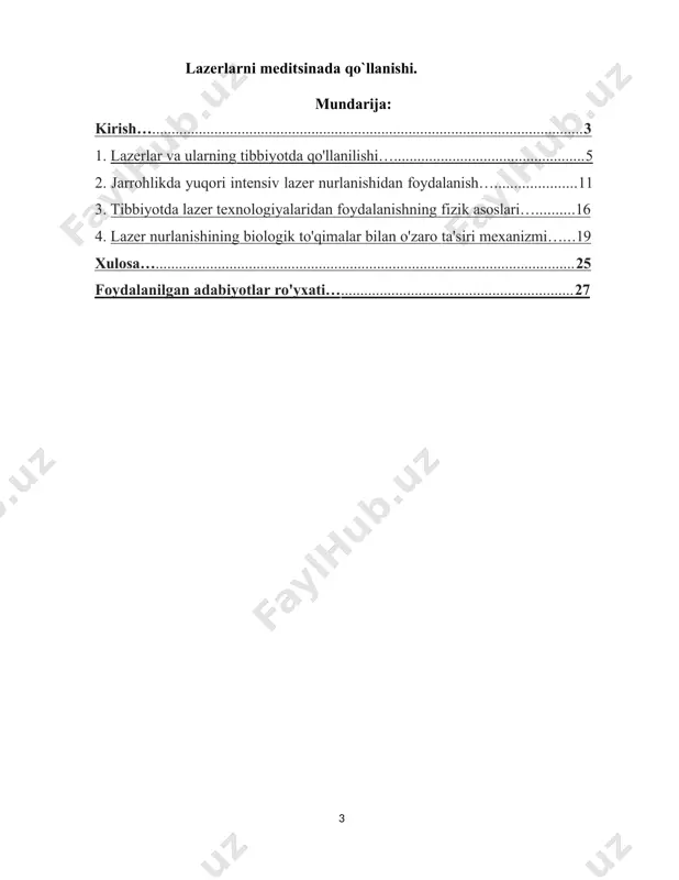 ari tomonidan yorug'lik kvantlarining muvofiqlashtirilgan, kooperativ ravishda chiqarilishi natijasida yuzaga keladi. lazerning ishlash printsipini tushunish uchun yorug'lik kvant atomlari tomonidan so'rilish va emissiya jarayonlarini batafsil o'rganish kerak. atomi e 1, e 2 energiyalari bilan har xil energiya holatida bo'lishi mumkin va hokazo. boh nazariyasida bu holatlar barqaror deyiladi. aslida, tashqi buzilishlar bo'lmaganda atom cheksiz uzoq davom etadigan barqaror holat bu faqat eng kam energiya sarflaydigan holatdir. bu holat asosiy deb nomlanadi. boshqa barcha davlatlar beqaror. hayajonlangan atom 10 - 8 s tartibda bu holatlarda juda qisqa vaqt turishi mumkin, shundan so'ng u o'z-o'zidan quyi holatlardan biriga o'tib, kvant nurini chiqaradi, uning chastotasini bohning ikkinchi postulatidan aniqlash mumkin. atomning bir holatdan ikkinchisiga o'z-o'zidan o'tishi paytida chiqadigan nurlanish o'z-o'zidan deyiladi. ba'zi energiya sathlarida atom ancha uzoq vaqt turishi mumkin, 10 - 3 s. bunday darajalar metastabil deb ataladi. kurs ishining dolzarbligi: 1969 yil birinchi impulsli bo'yoq lazerining rivojlanish yili bo'lgan va 1975 …