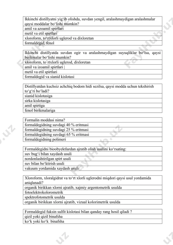 masi formaldegidning suvdagi 65 % eritmasi formaldegidning polimeri formaldegidni bioobyektlardan ajratib olish usulini ko‘rsating: suv bug‘i bilan xaydash usuli nordonlashtirilgan spirt usuli suv bilan bo‘ktirish usuli vakuum yordamida xaydash usuli xloroform, xloralgidrat va to‘rt xlorli uglerodni miqdori qaysi usul yordamida aniqlanadi? organik birikkan xlorni ajratib, xajmiy argentometrik usulda fotoelektrokolorometrik spektrofotometrik usulda organik birikkan xlorni ajratib, vizual kolorimetrik usulda formaldegid fuksin sulfit kislotasi bilan qanday rang hosil qiladi ? qizil yoki qizil binafsha ko‘k yoki ko‘k binafsha zangori qizil qo‘ng‘ir quyidagi moddalardan qaysilari rezorsinning ishqoriy eritmasi bilan qizil rang hosil qiladi? formaldegid, xloroform, xloralgidrat propil va butil spirtlari metil, etil, amil spirtlari to‘rtxlorli uglerod, sianid kislotasi qanday xolatlarda bioobyektni mineral kislotalar bilan nordonlashtiriish mumkin? sirka kislotasiga tekshirish olib borishda xloroformga tekshirish olib borishda fenolga tekshirish olib borishda sinil kislotasiga tekshirish olib borishda sianid kislotasining toksik ta’siri qanday tushuntiriladi? tarkibida izomer izotsian kislotasi borligi bilan organizmga tez tushishi bilan organizmga chumoli kislotasiga …